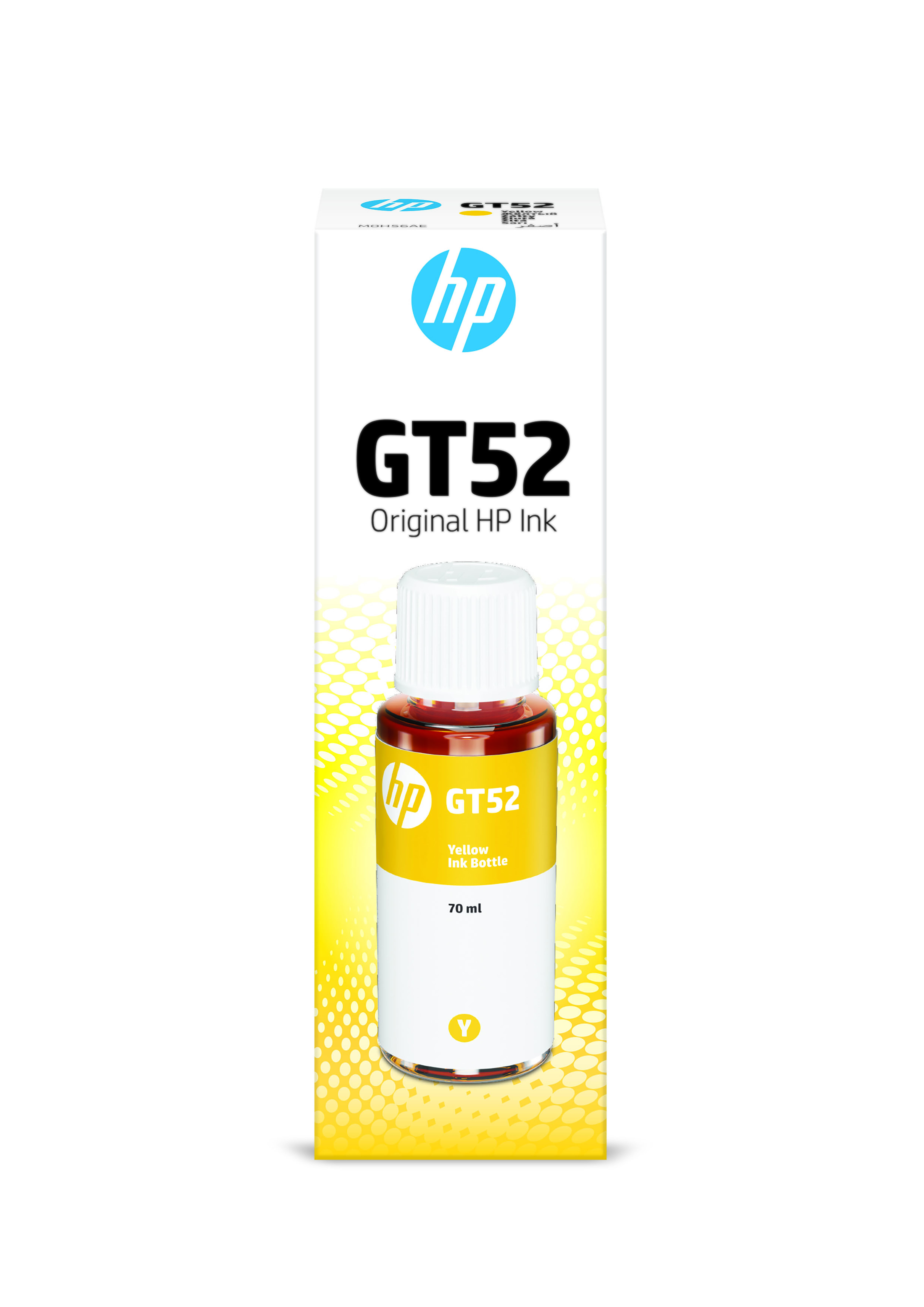 Sarı GT52 Orijinal HP Mürekkep şişesi. Mavi ve sarı logolu beyaz kutu.
