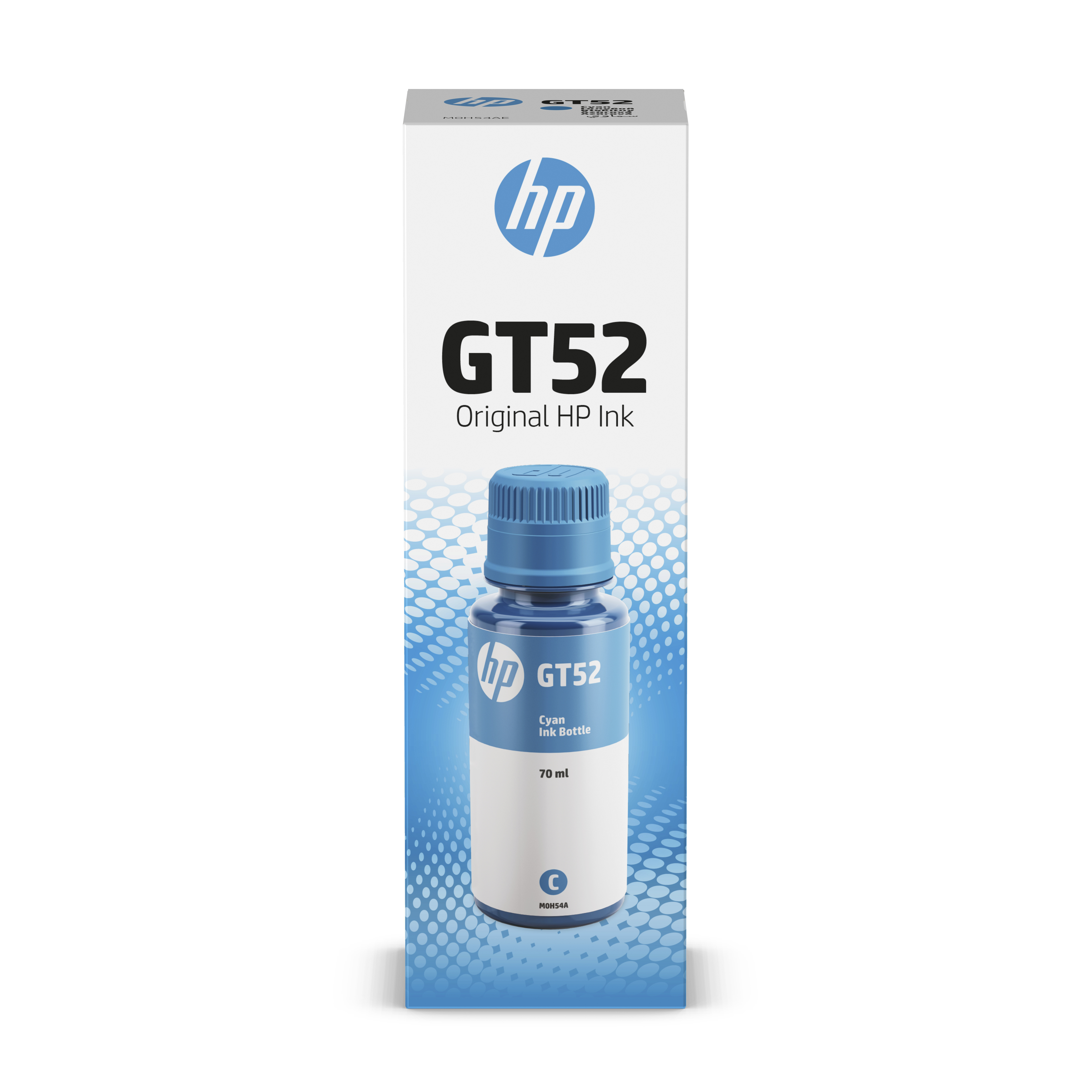 HP GT52 Cyan mürekkep şişesi, mavi kapak ve beyaz etiket, beyaz yüzeyde, HP kutusu ile.