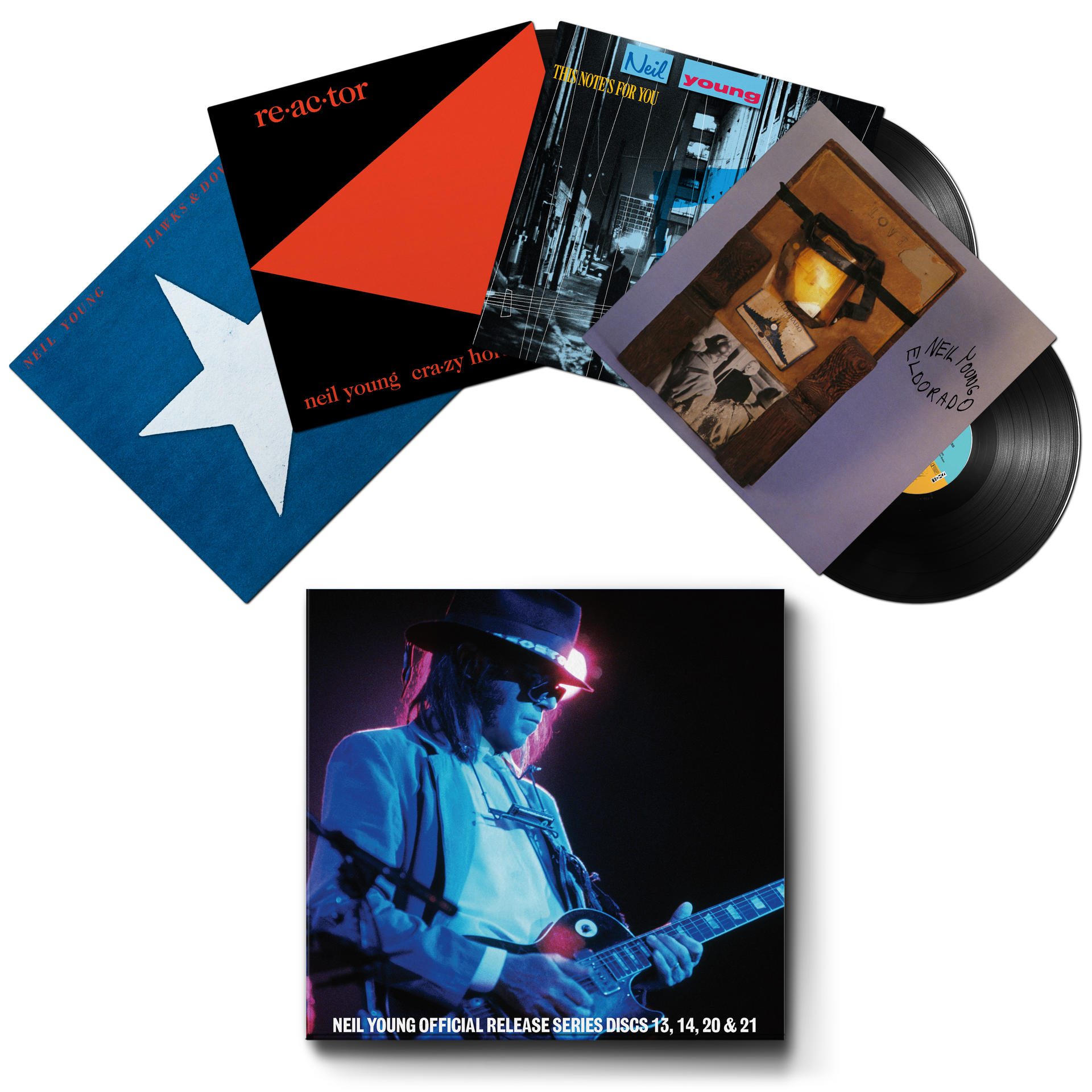 Neil Young bakelit lemezei és album borítói.
