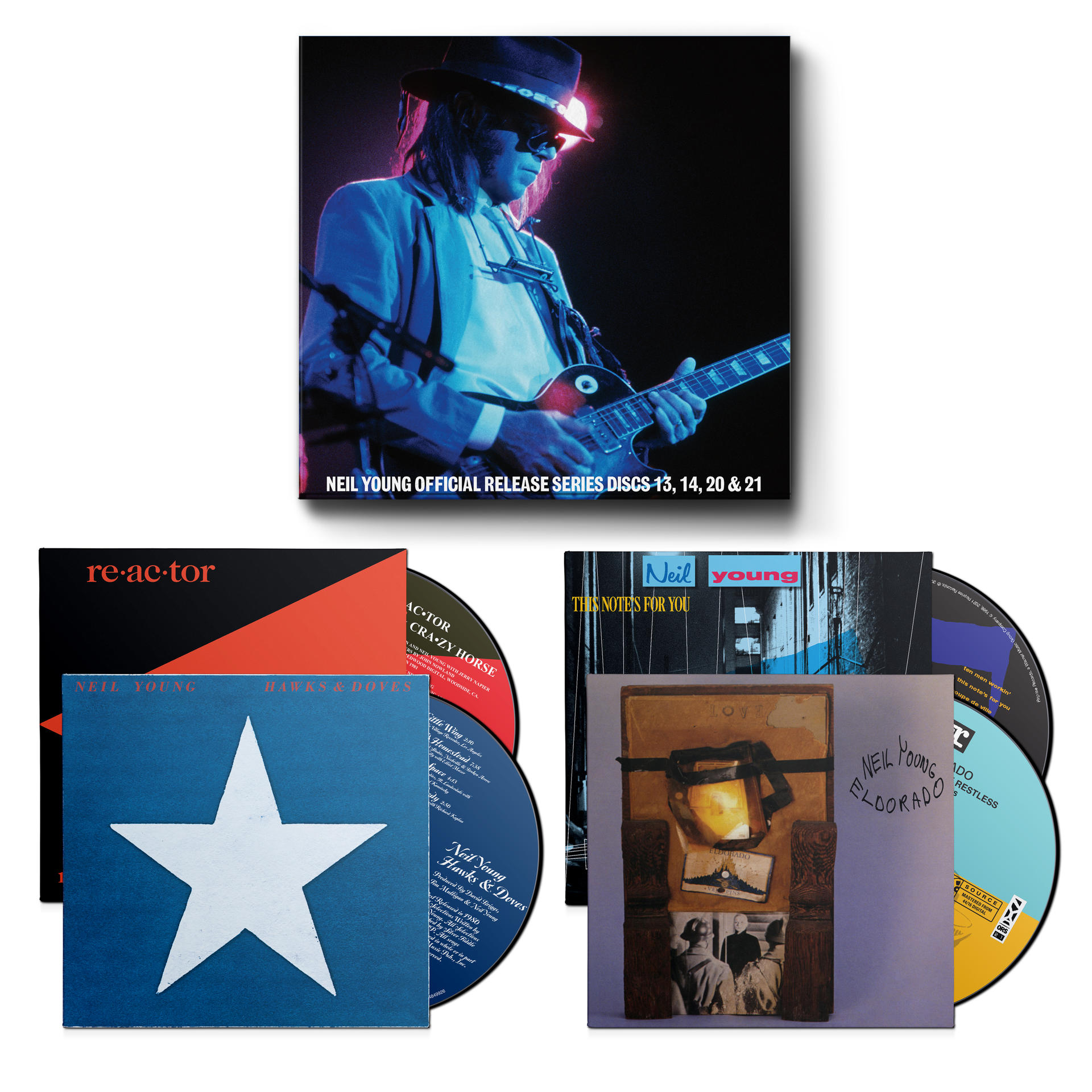 Három Neil Young album borító és egy élő fellépés fotó. Piros, kék és sötét színű albumok.