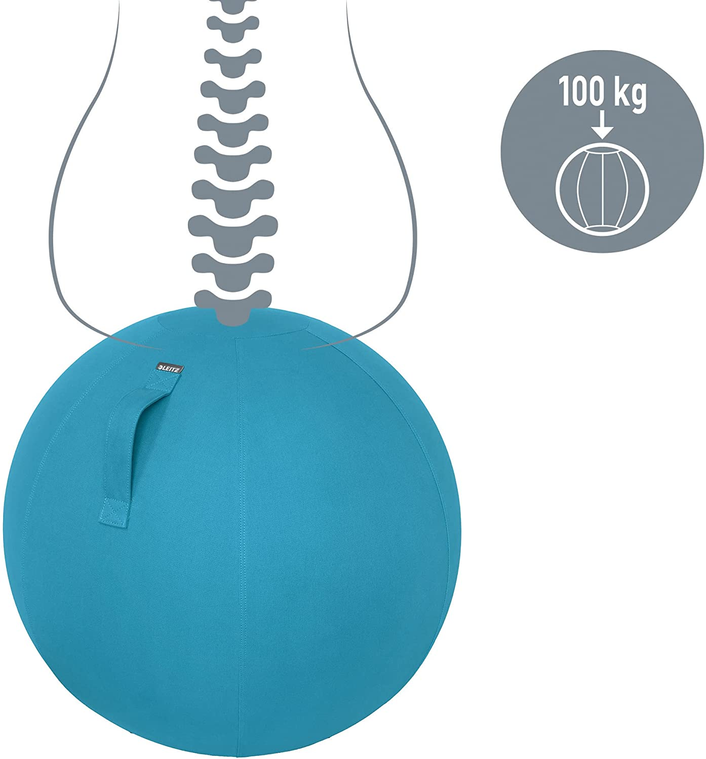 Kék fitneszlabda fogantyúval, egy szürke gerinc grafikánál.