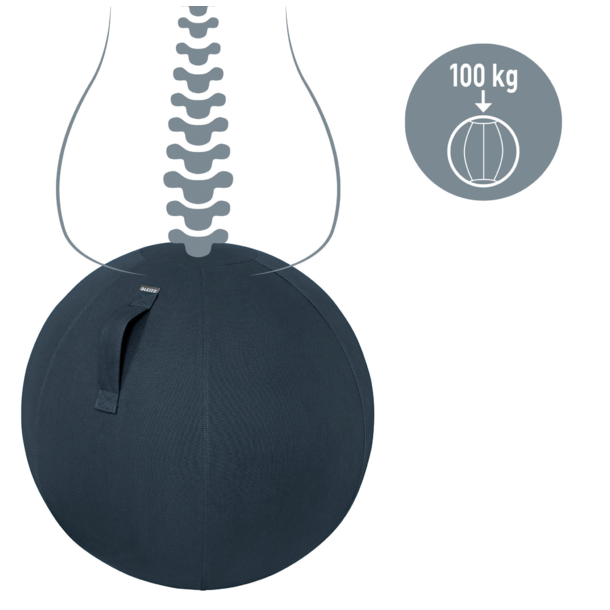 Sötétkék tornalabda fogantyúval. Gerinc grafika és 100 kg-os súlyjelzés.