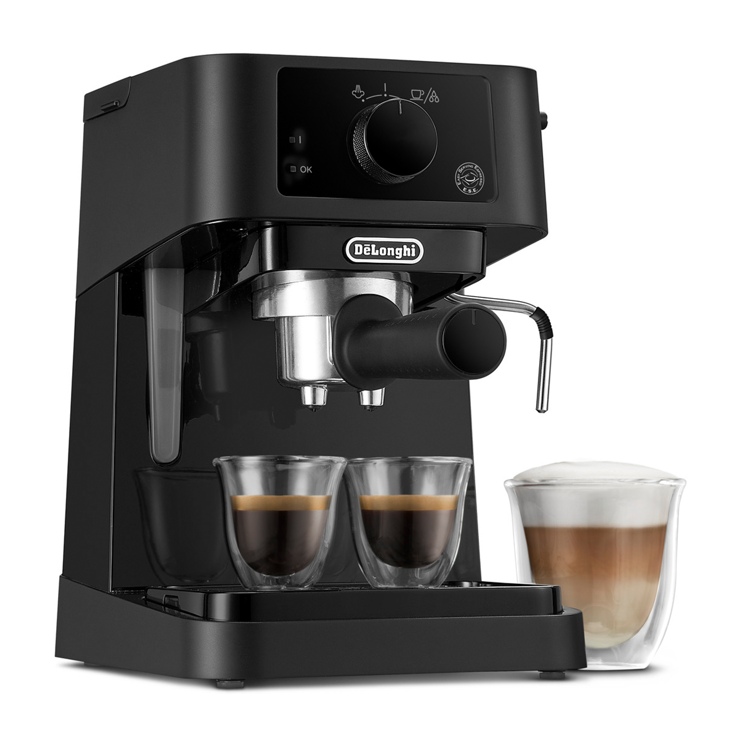 Una macchina per l'espresso nera. Ci sono due bicchieri di caffè e un bicchiere di latte.