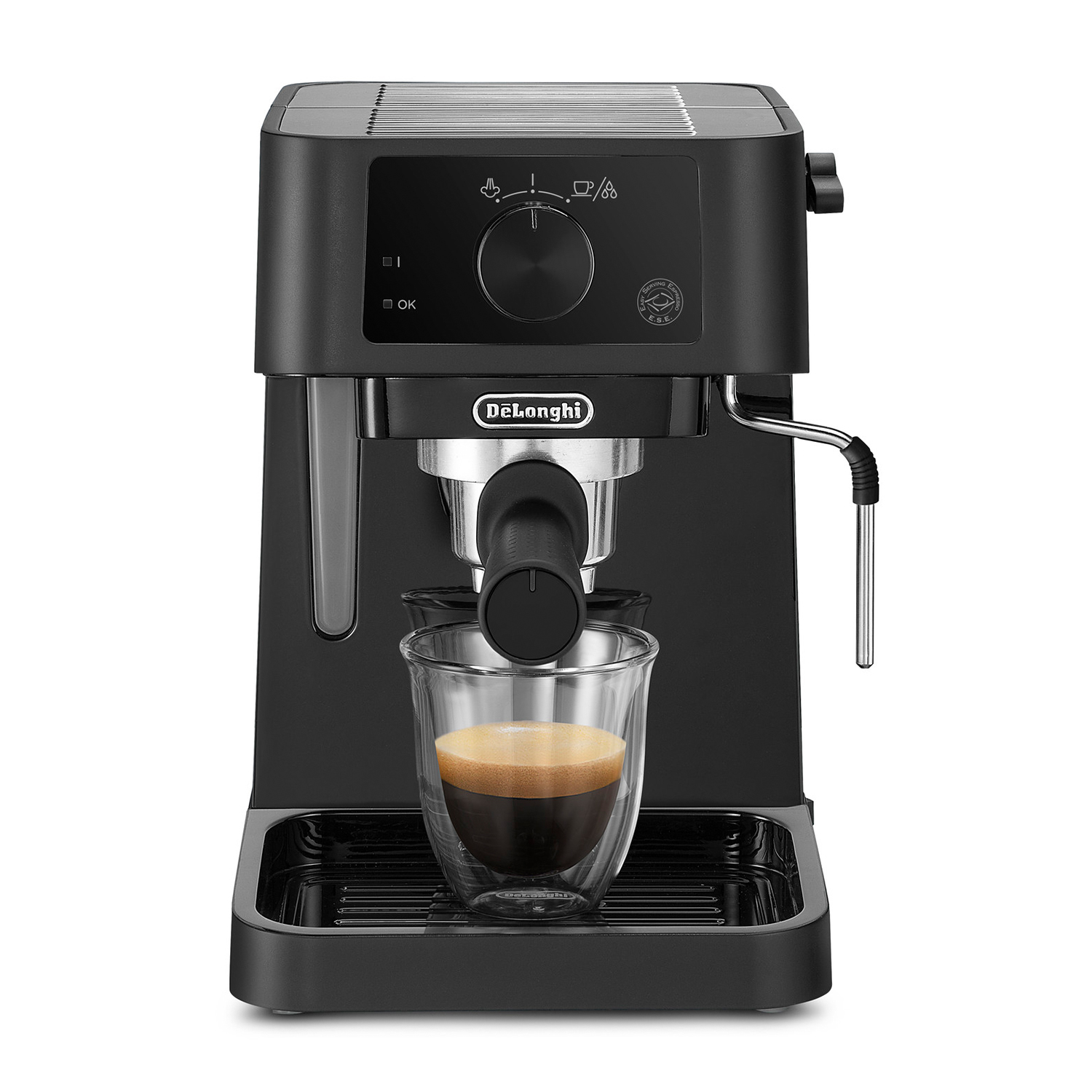 Macchina per espresso De'Longhi nera con tazza di vetro ed espresso. Base e parte superiore nere.