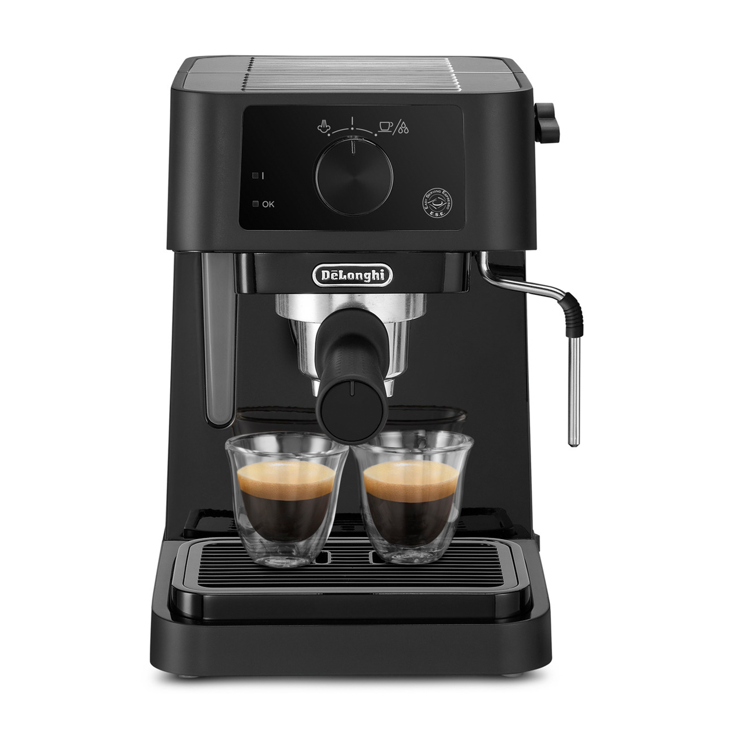 Macchina per espresso DeLonghi nera con 2 bicchieri di vetro pieni di espresso.