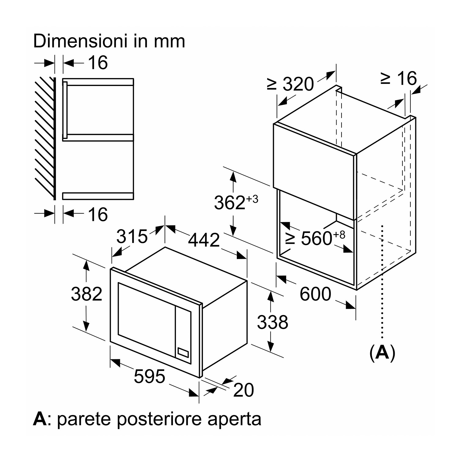 Schema di un forno a microonde con dimensioni in millimetri, che mostra il forno e l'installazione.