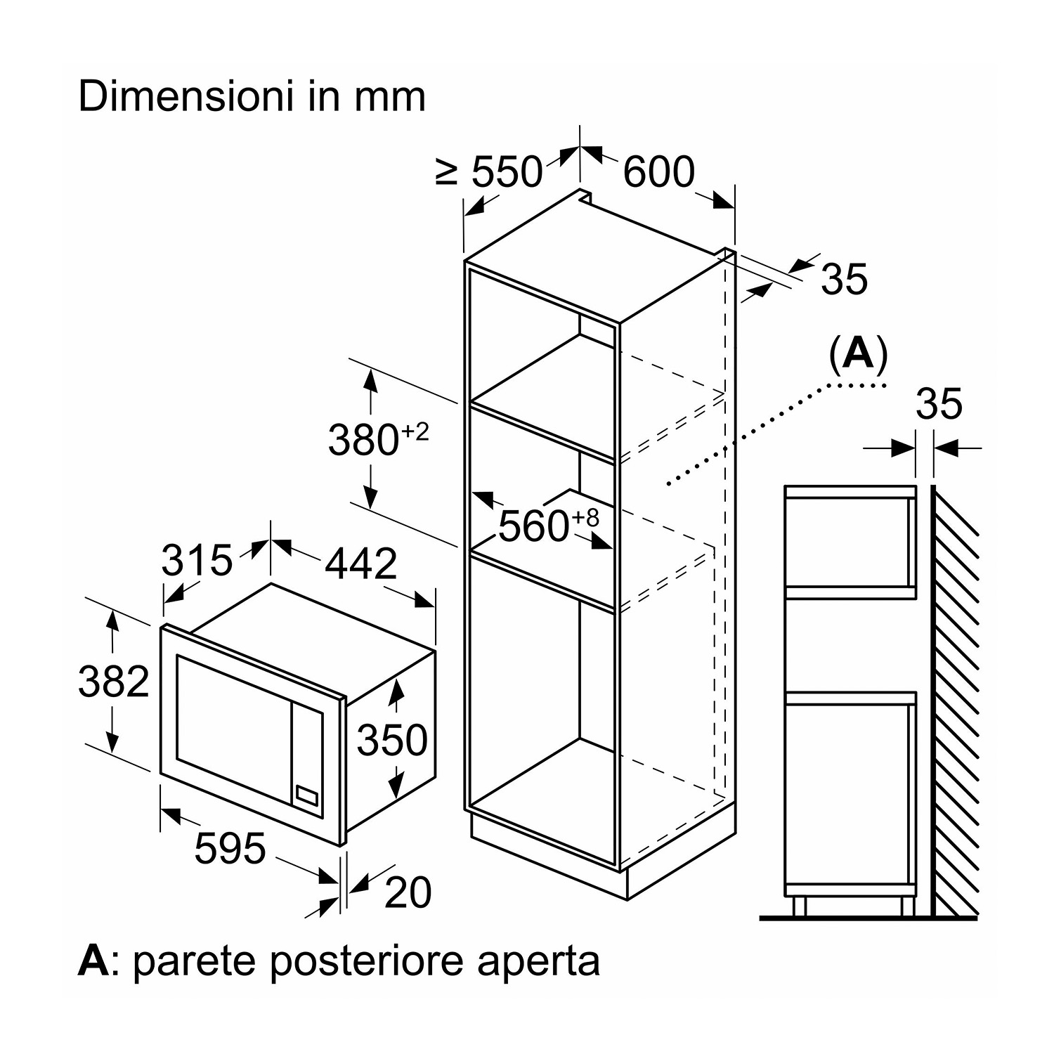 Diagramma di un forno a microonde da incasso con dimensioni, in mm.