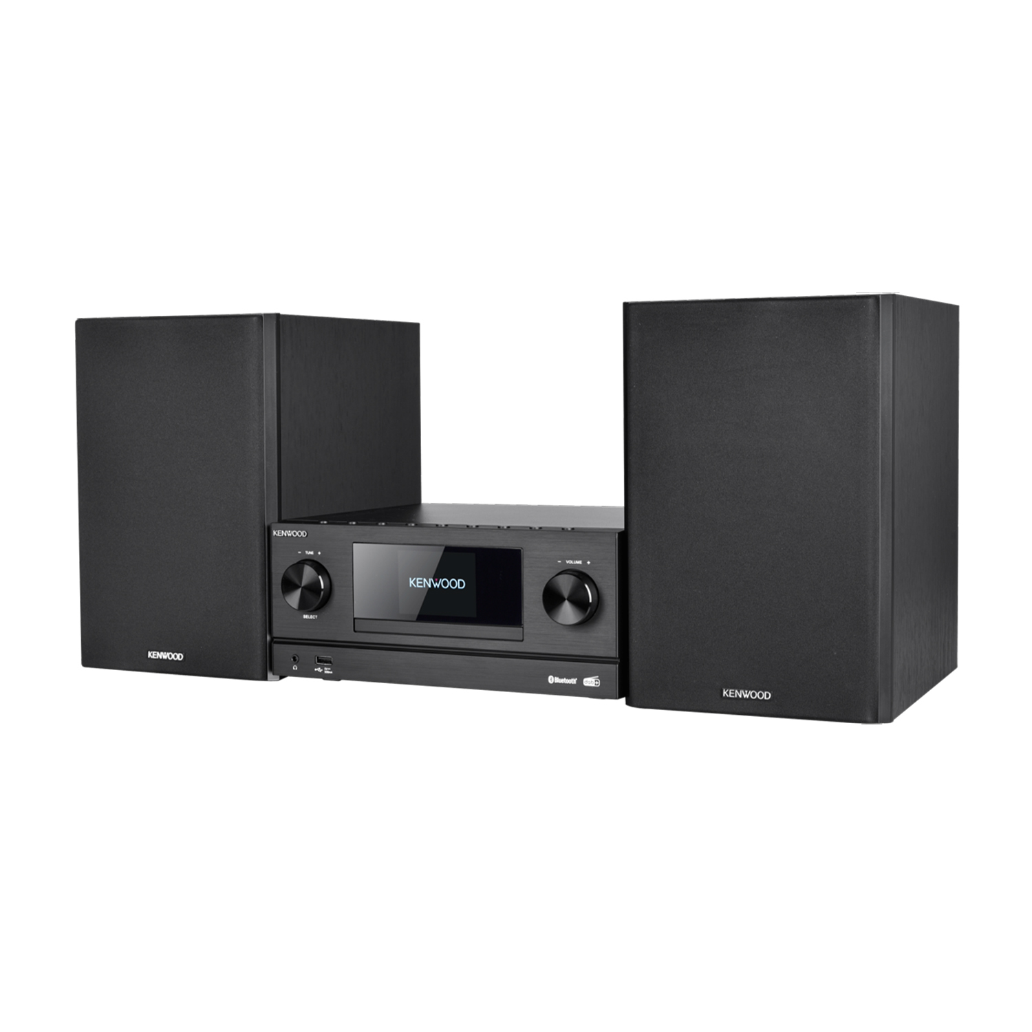 Sistema stereo Kenwood nero con altoparlanti su entrambi i lati. La console centrale mostra il logo Kenwood.