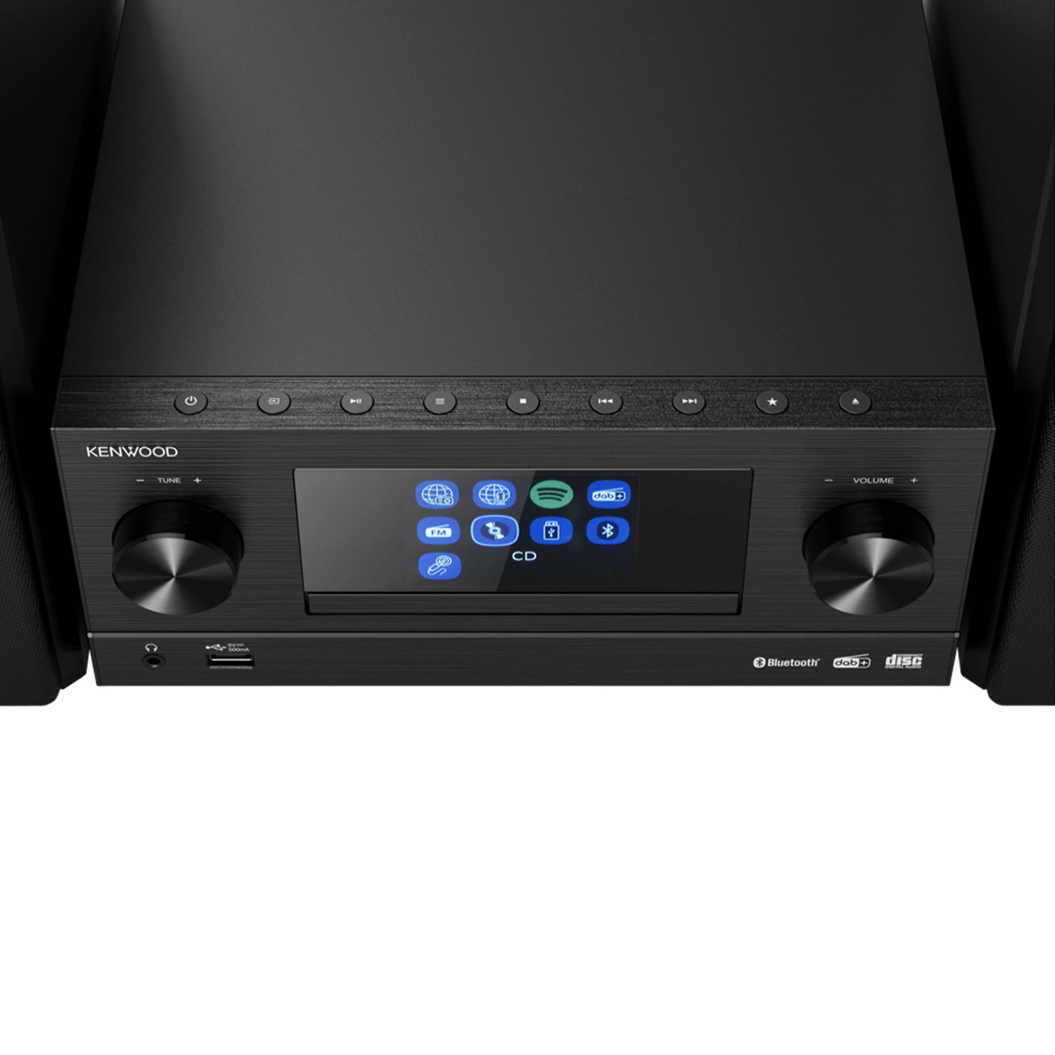 Impianto stereo Kenwood nero. Display con icone. Manopole per volume e sintonizzazione. Icone Bluetooth e CD.
