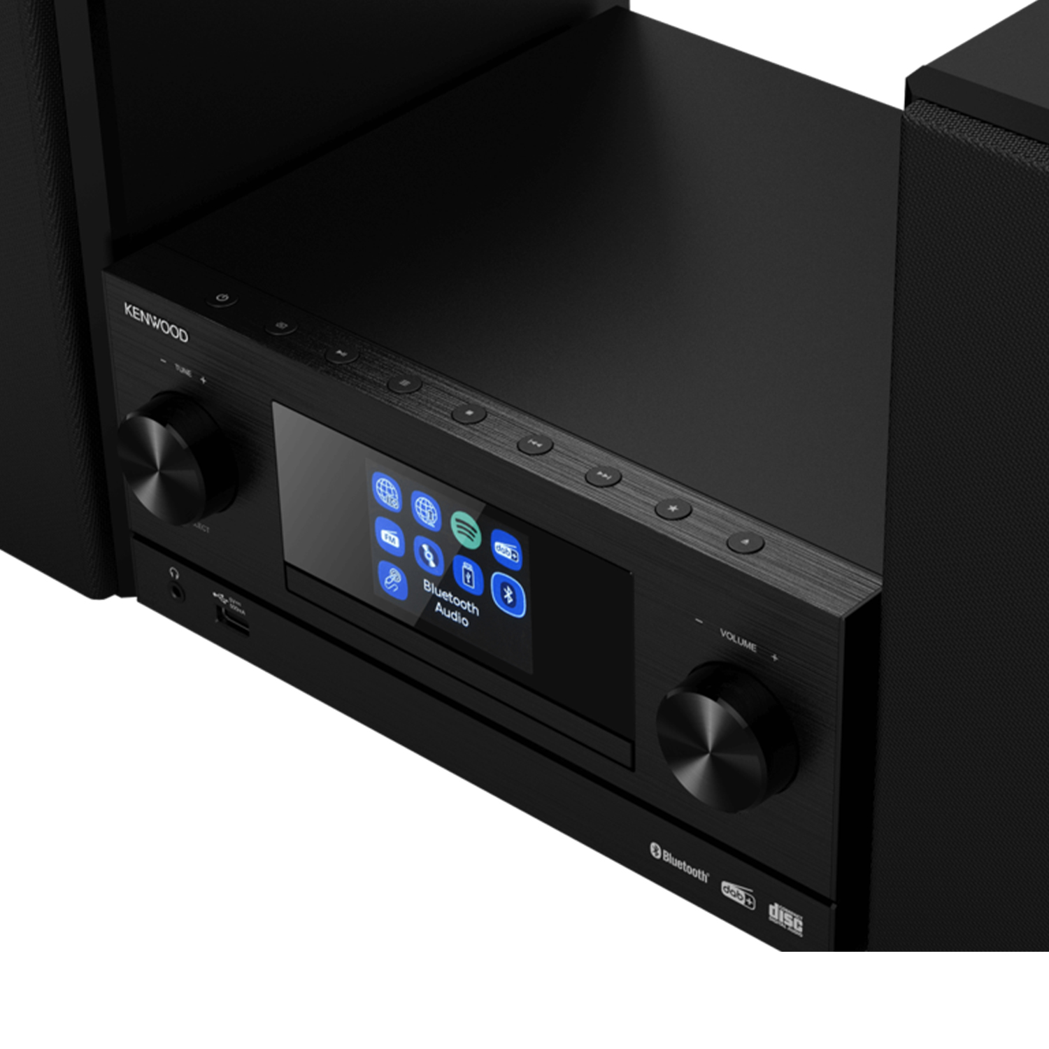 Un impianto stereo nero con schermo e pulsanti.