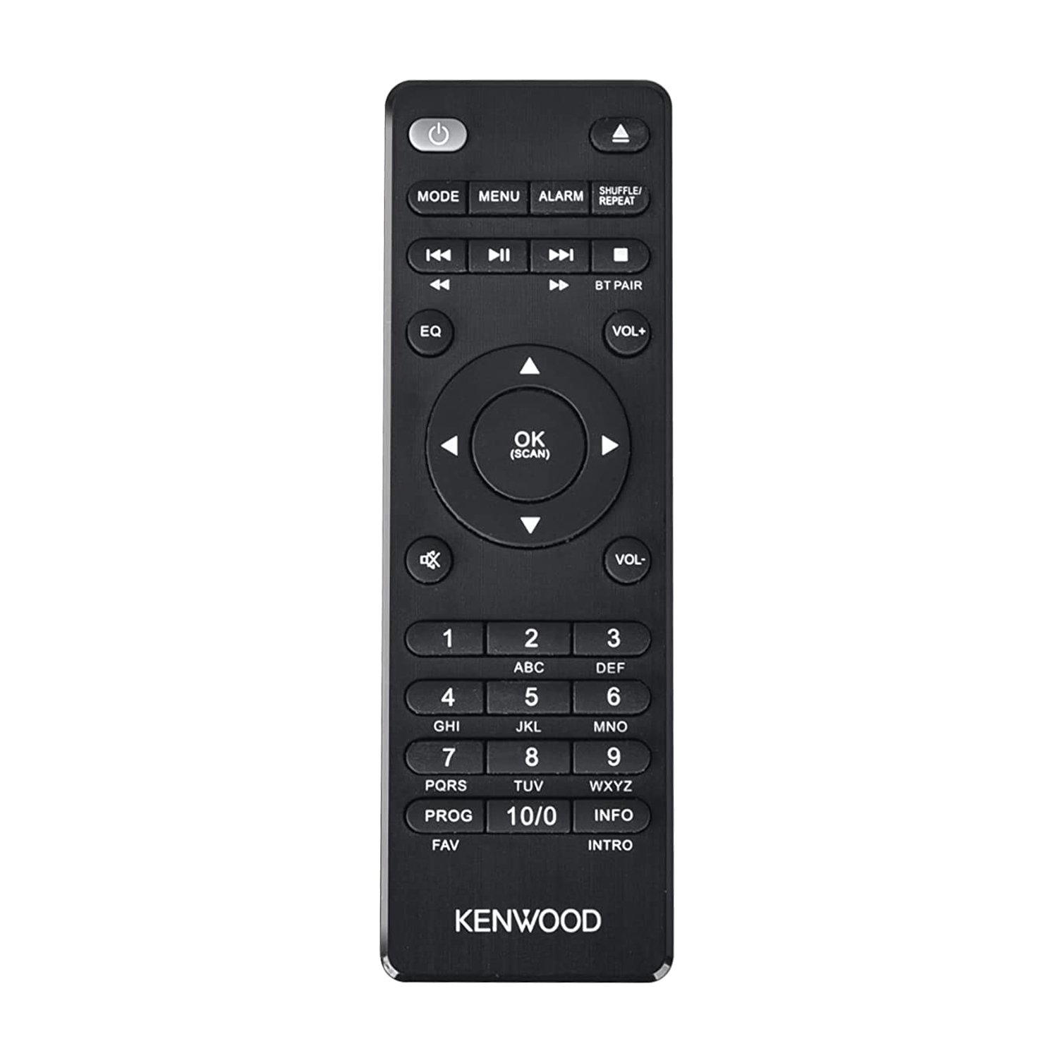 Un telecomando Kenwood nero con pulsanti per varie funzioni.
