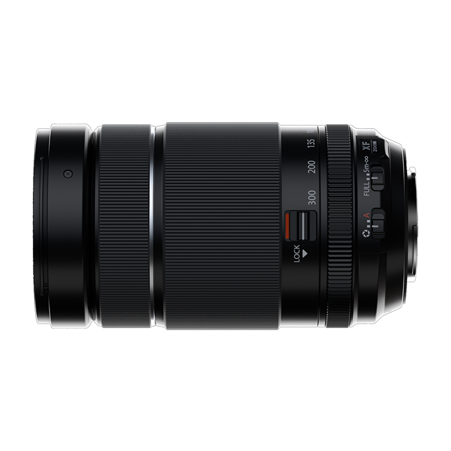 Obiettivo fotocamera nero con segni di zoom e messa a fuoco. Forma cilindrica con texture a coste.
