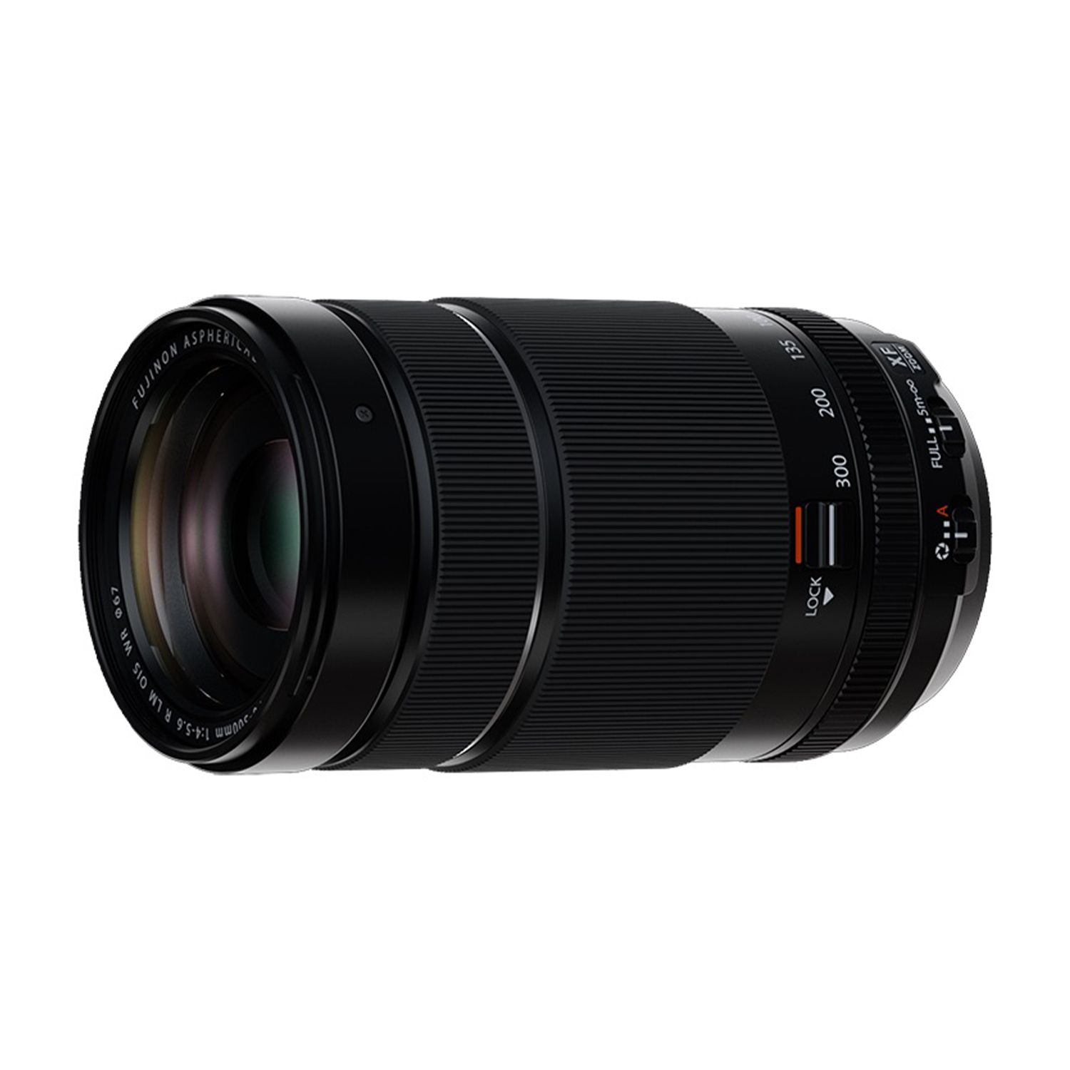 Obiettivo fotocamera nero. L'anello di messa a fuoco è a 300 mm. 'FUJINON' e altro testo sono visibili su di esso.