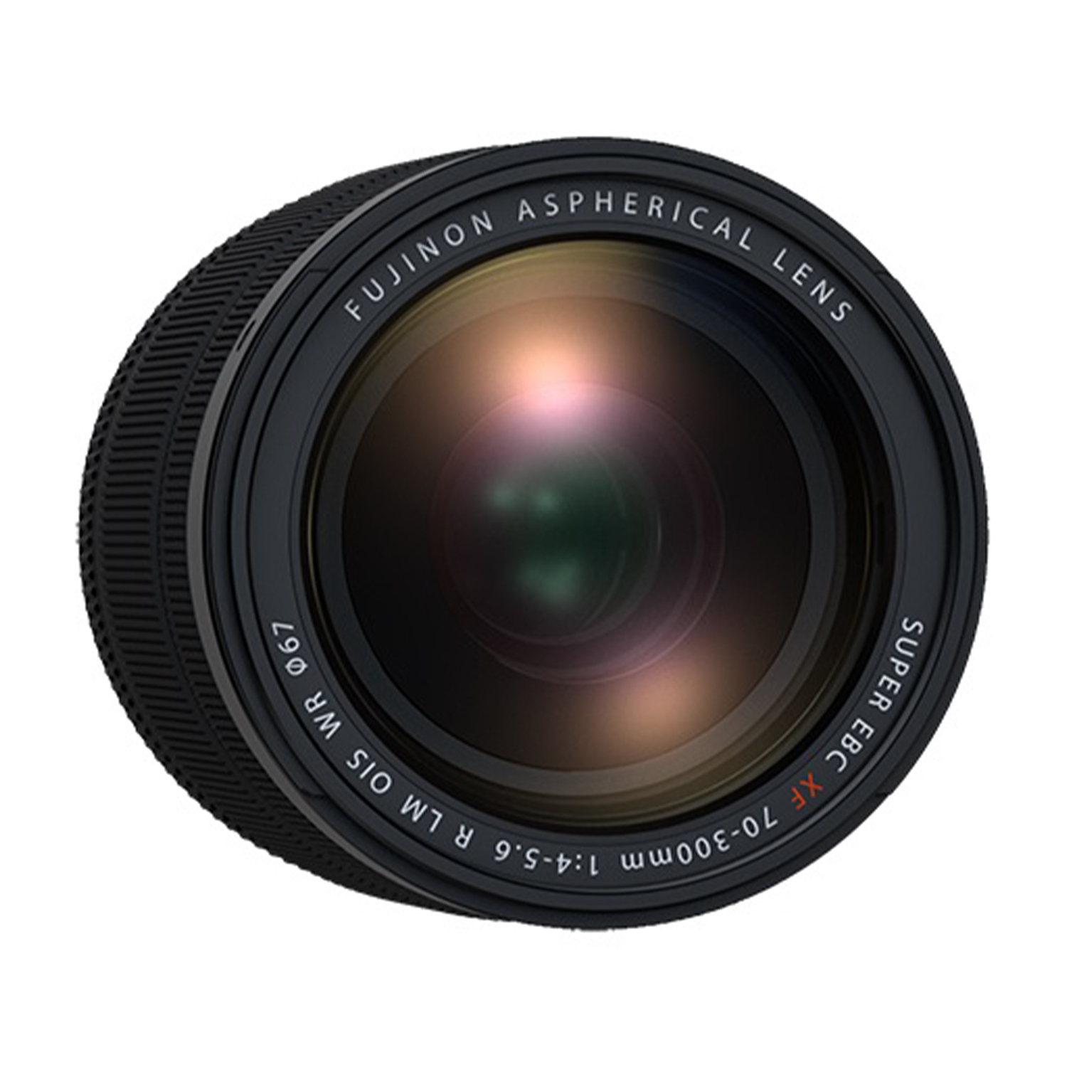 Un primo piano di un obiettivo della fotocamera con dettagli neri e argento e testo.
