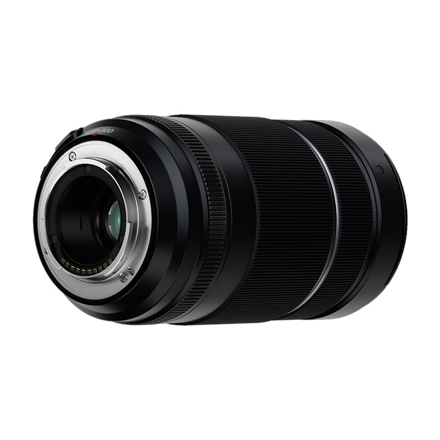 Un obiettivo nero per fotocamera con dettagli argentati, posto orizzontalmente.