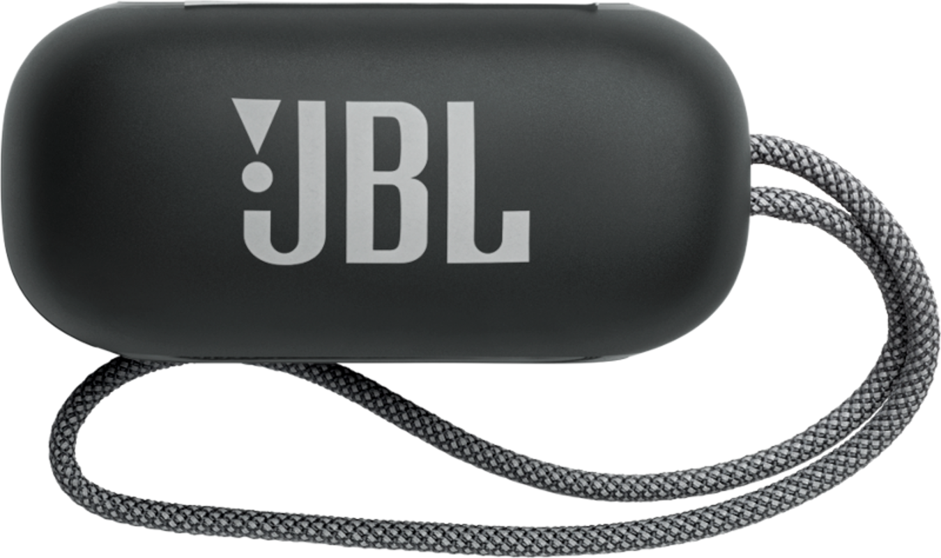 Schwarzer JBL-Lautsprecher mit grauem Schlüsselband. Das JBL-Logo ist deutlich sichtbar.