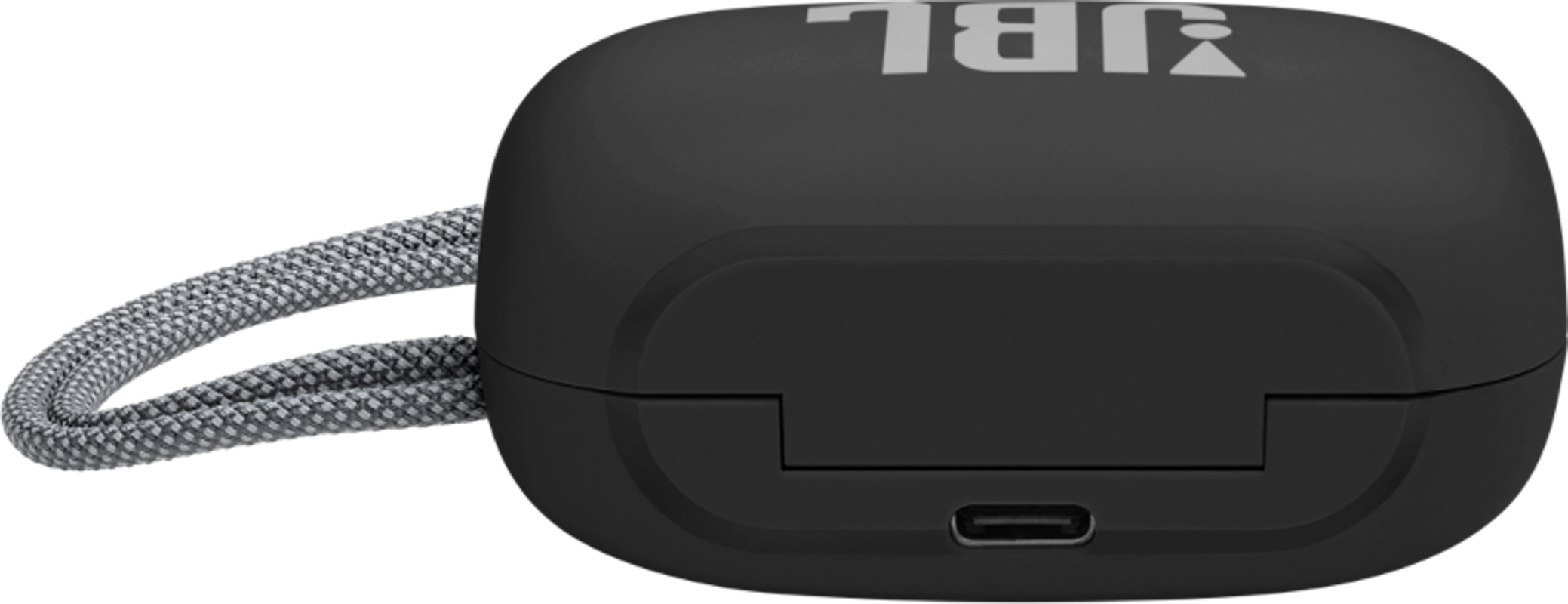 Schwarzes JBL-Kopfhörer-Ladecase mit grauem Riemen, USB-Anschluss unten.