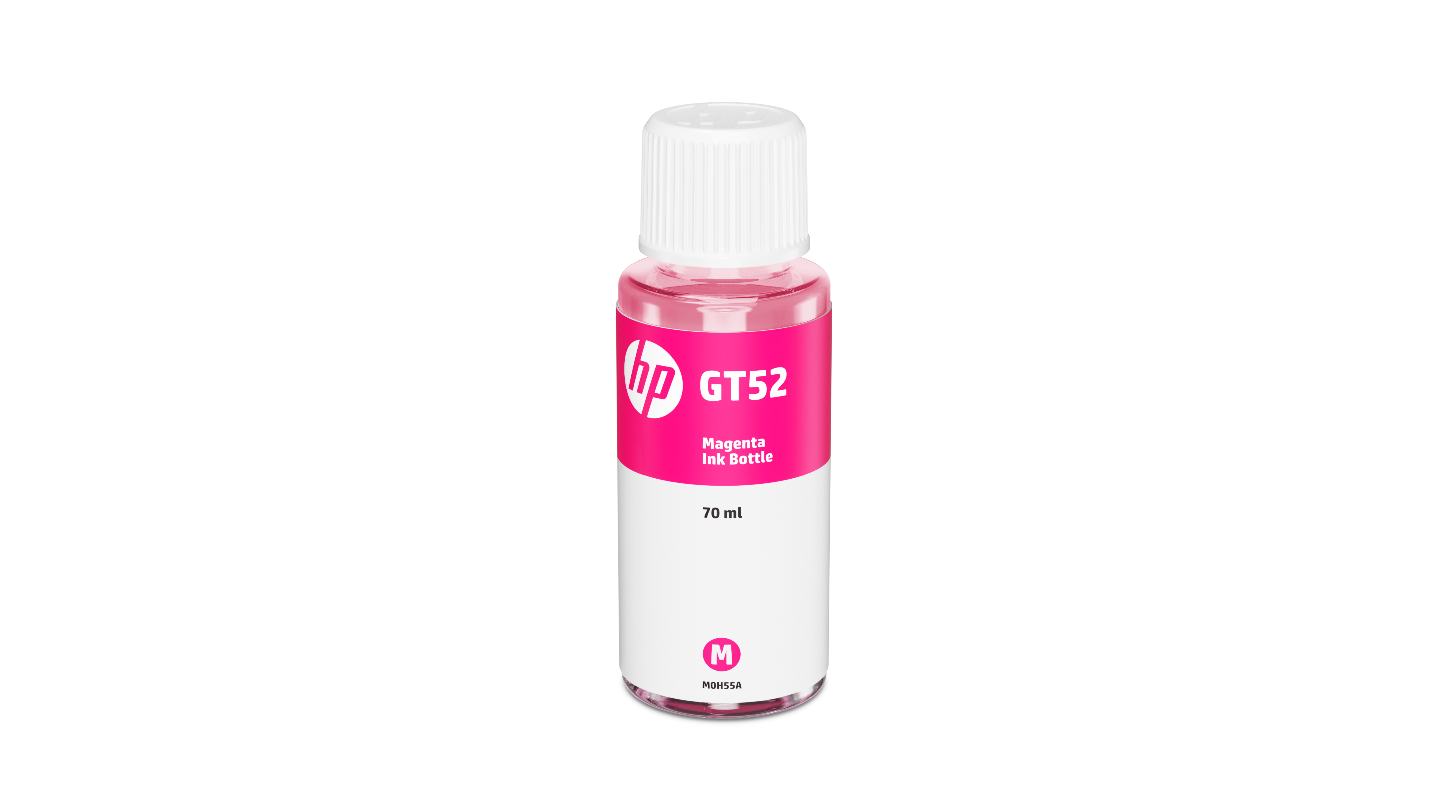 HP GT52 magenta mürekkep şişesi. Pembe mürekkep, beyaz kapak ve etiketli beyaz şişe. Siyah arka plan.