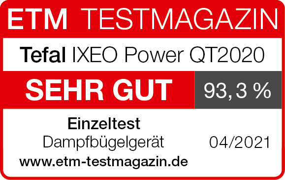 ETM Testmagazin Label mit Testbericht über Tefal IXEO Power, Bewertung 93,3% und 'Sehr Gut'.