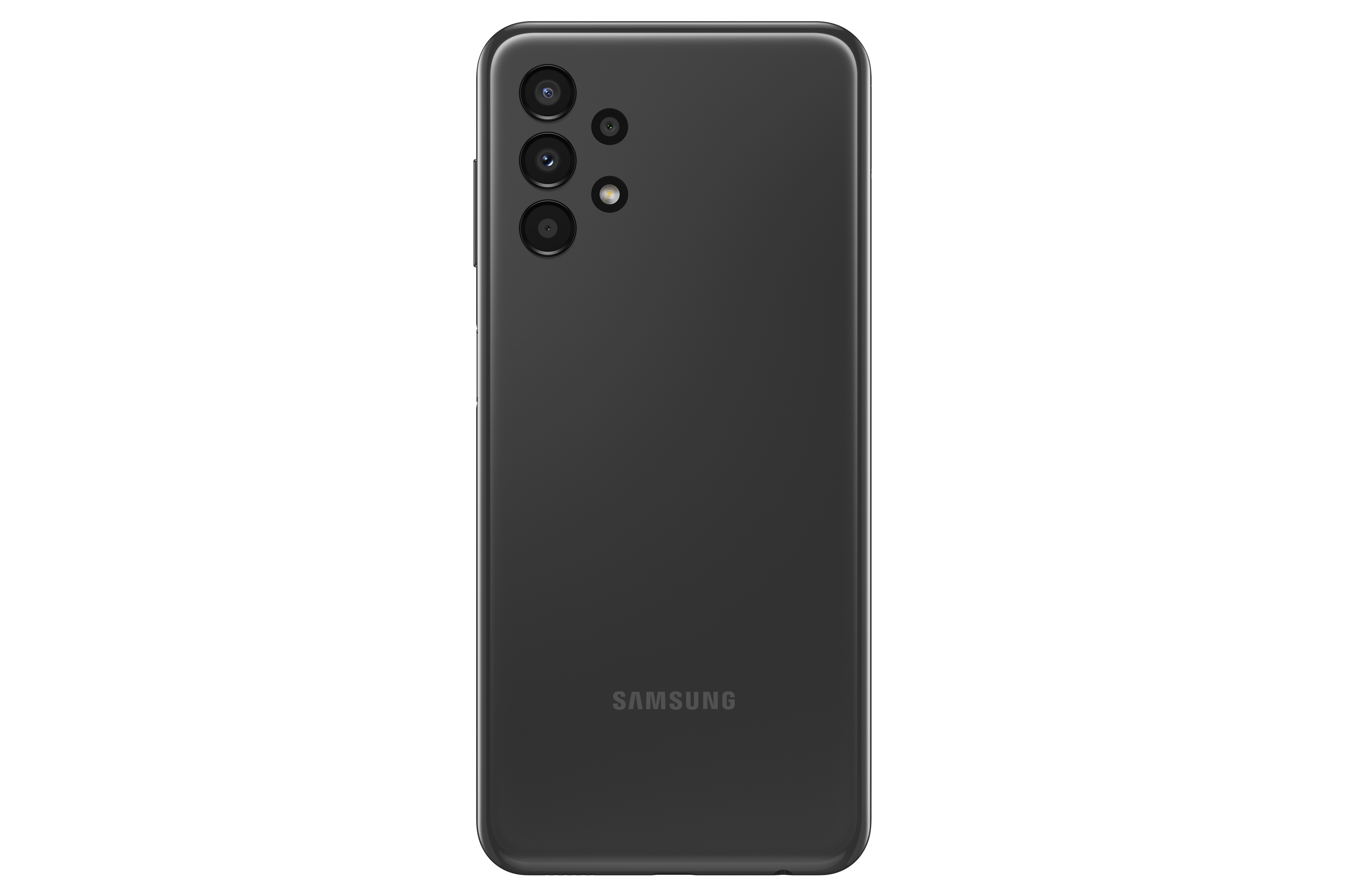 Siyah akıllı telefon, arka görünüm. Üç kamera ve bir Samsung logosu görünür.
