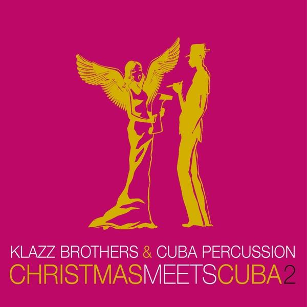Album borító: Klaaz Brothers & Cuba Percussion. Sárga angyal és férfi rózsaszín háttéren.