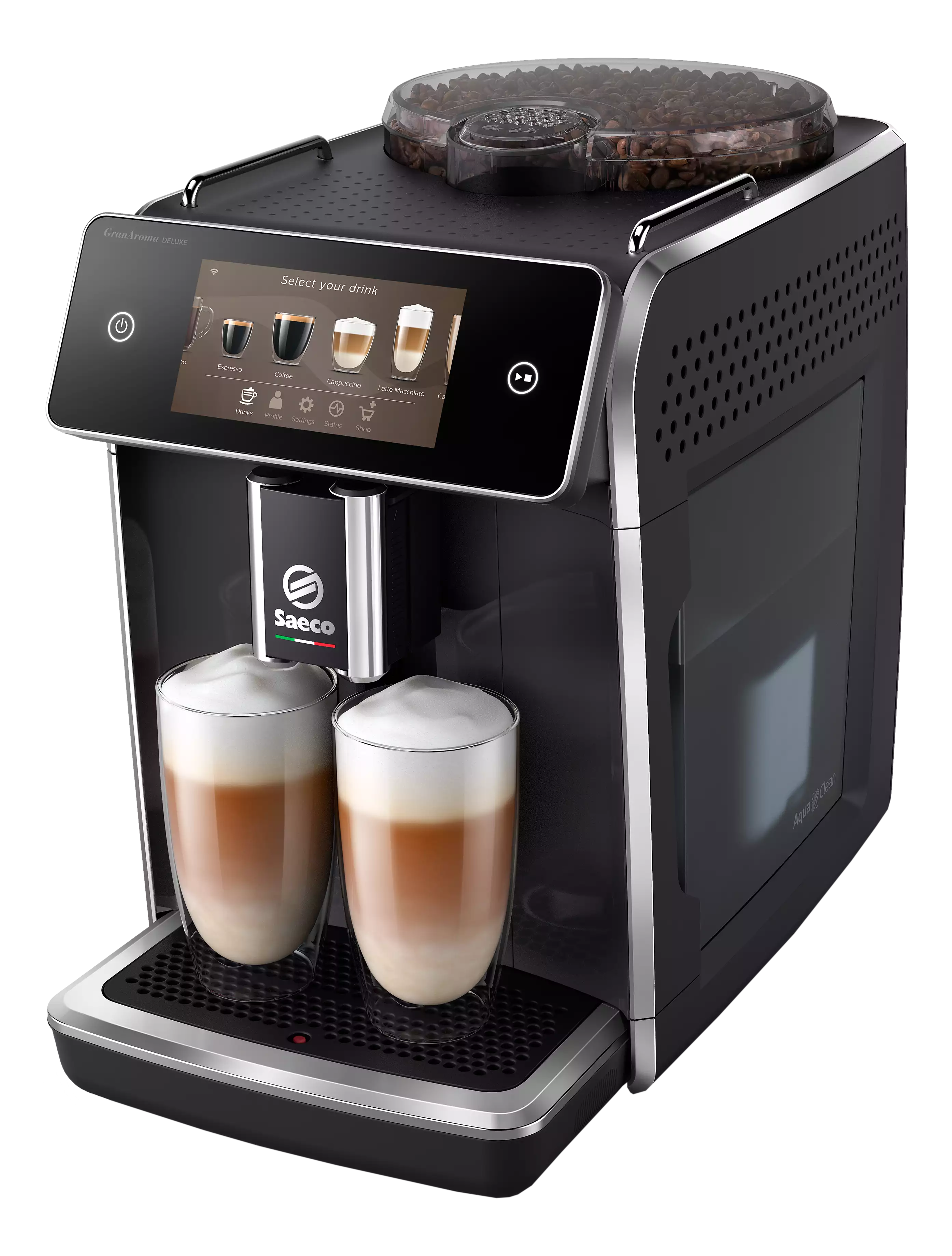 Macchina da caffè Saeco nera e argento. Due bicchieri di latte macchiato. Contenitore chicchi.