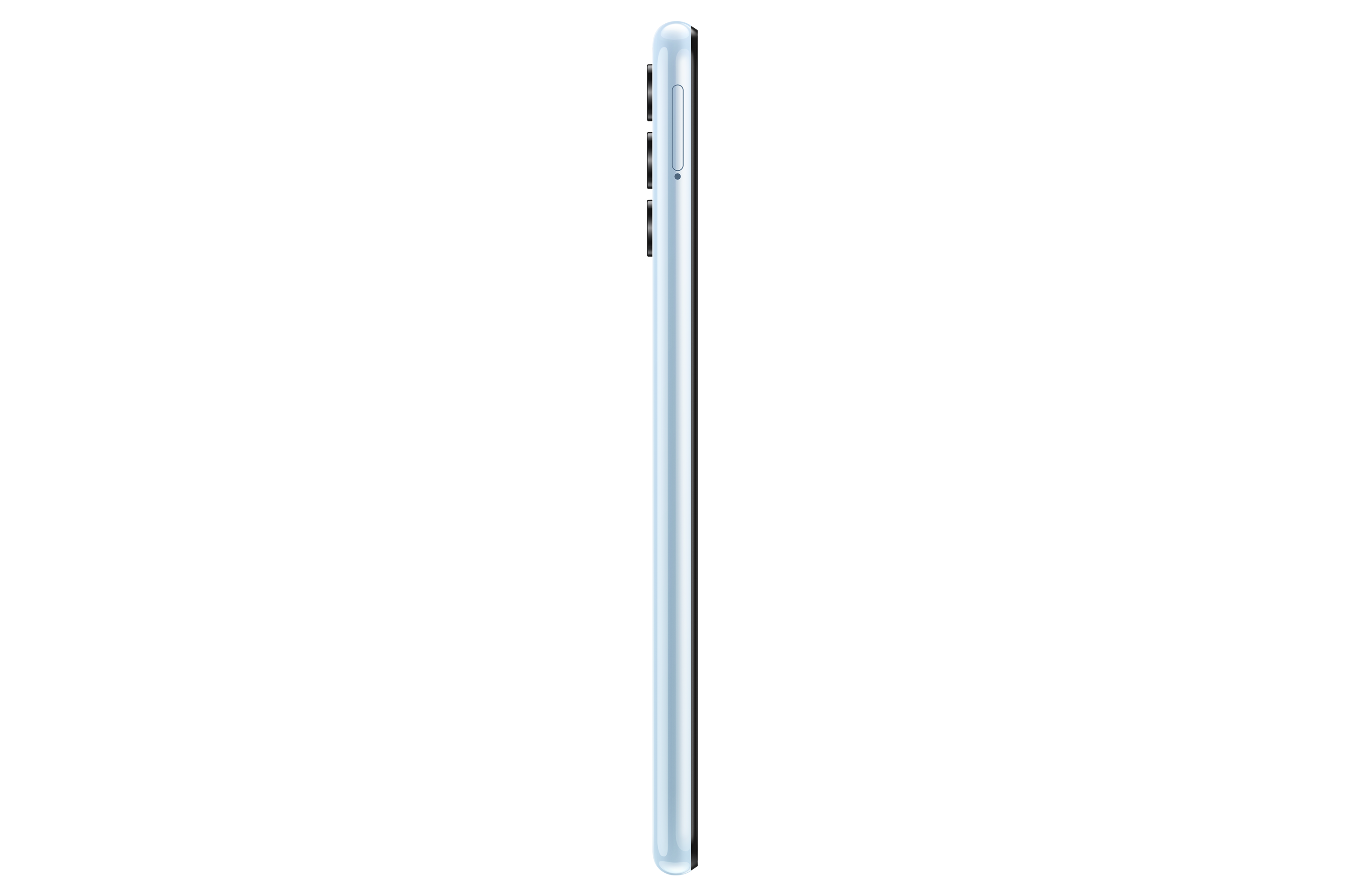 Açık mavi metal çerçeveli bir tabletin yan görünümü.
