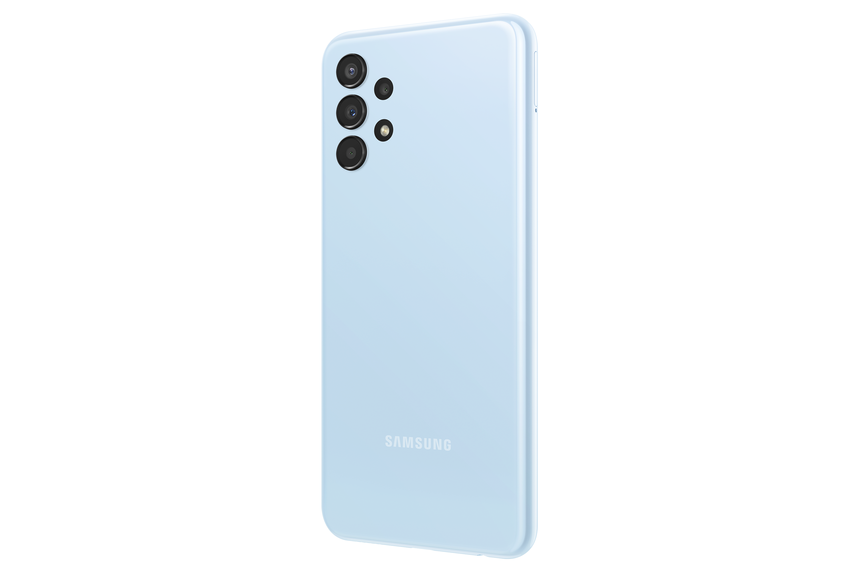 Açık mavi Samsung telefon, arka görünüm, üç kamera, Samsung logosu.