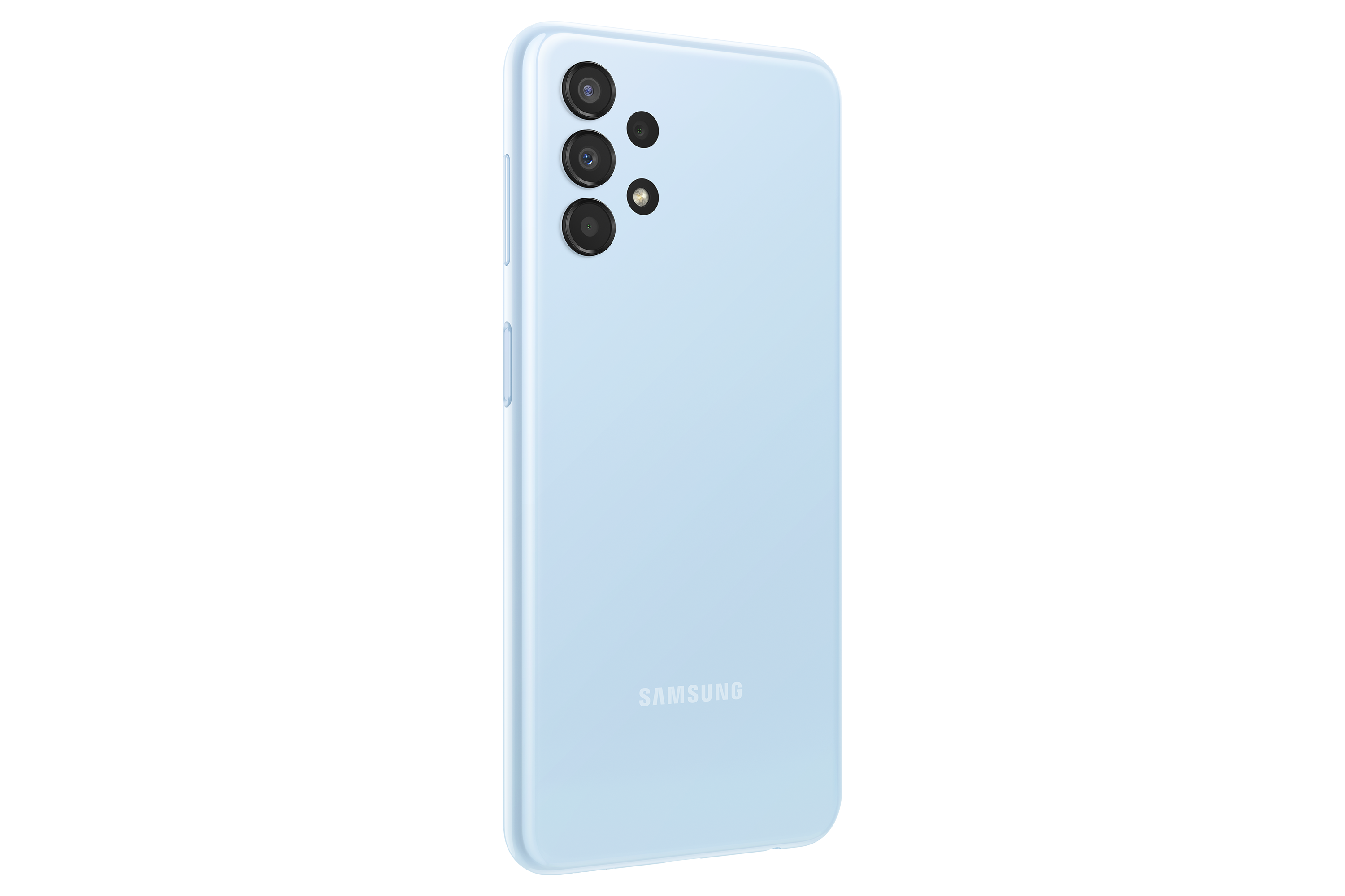Arkada çoklu kameralı, açık mavi bir Samsung Galaxy A13 telefon.