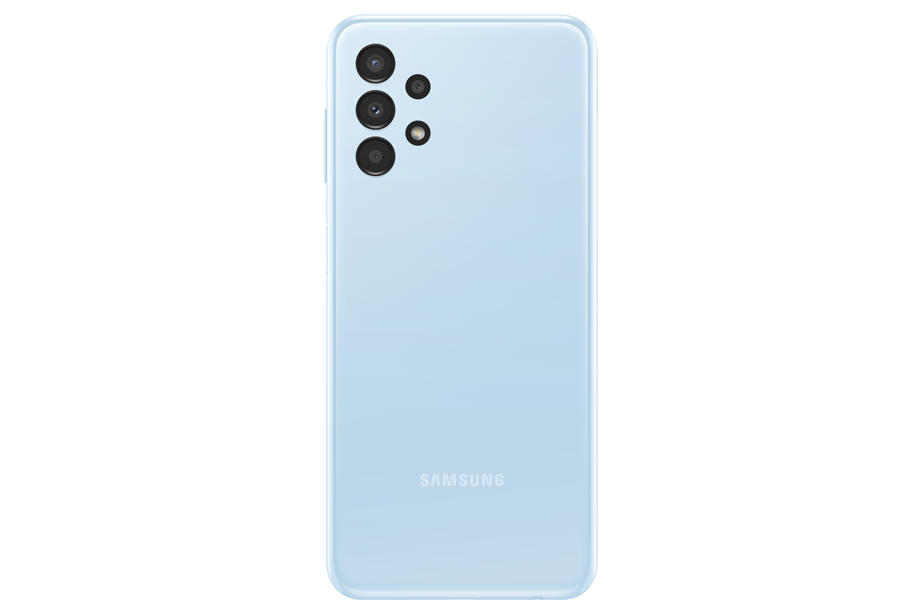 Açık mavi Samsung telefon, kamera lensleriyle arka paneli gösteriyor.