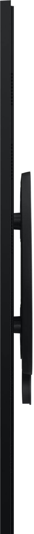 Seitenansicht eines schwarzen Monitors mit Ständer und Halterung vor schwarzem Hintergrund.