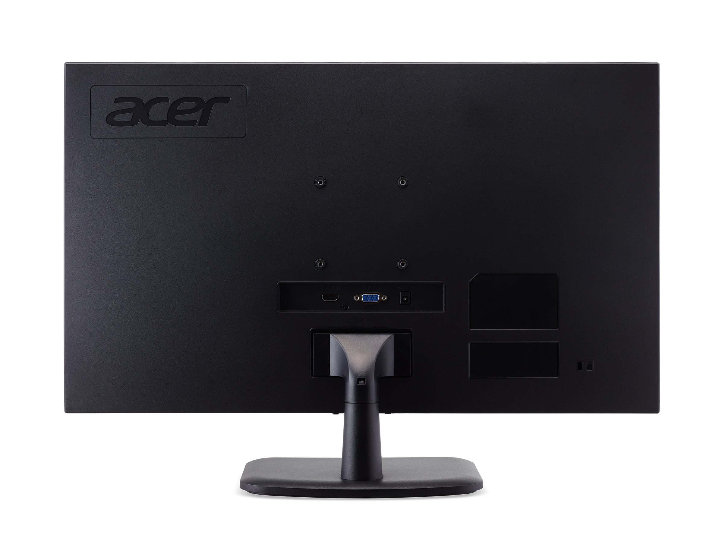 Achterkant van een zwarte Acer monitor met poorten en standaard.