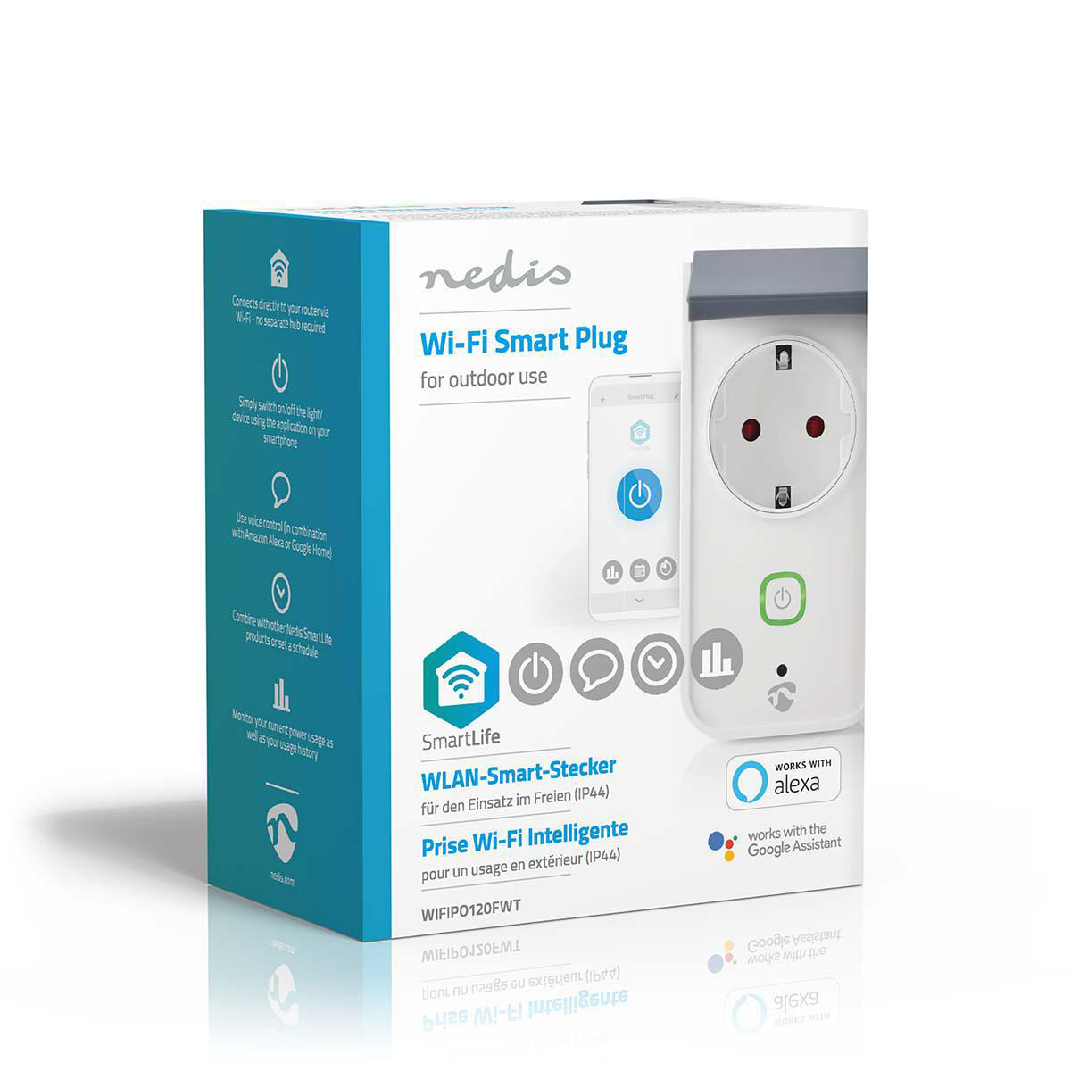 Eine weiße und blaue Smart-Plug-Box mit Text und einer Smart-Plug-Illustration.