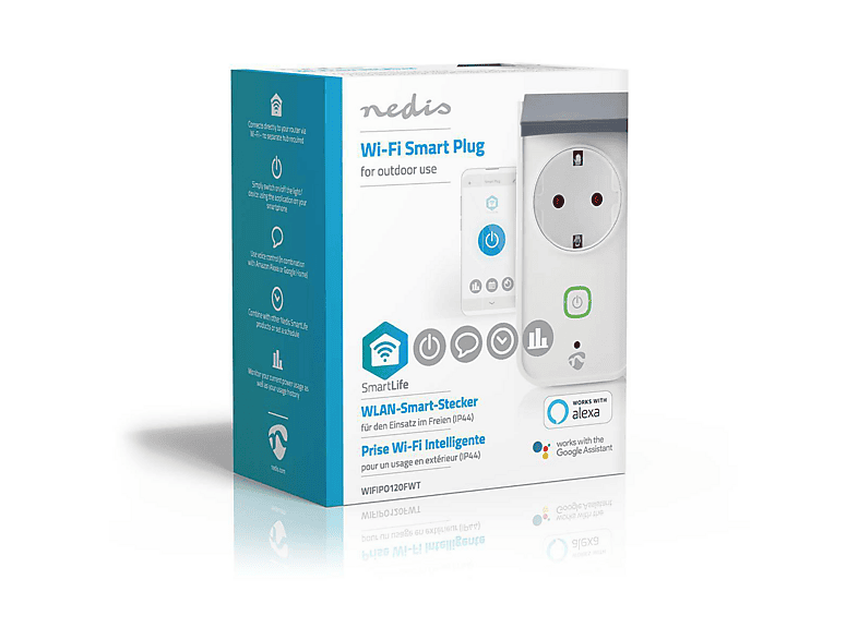 Nedis Smartlife Smart Stecker, WLAN, IP44, 3680W, Schutzkontakt / Typ F (CEE 7/7), Grau/Weiss; Steckdose — Foto 5 von 5