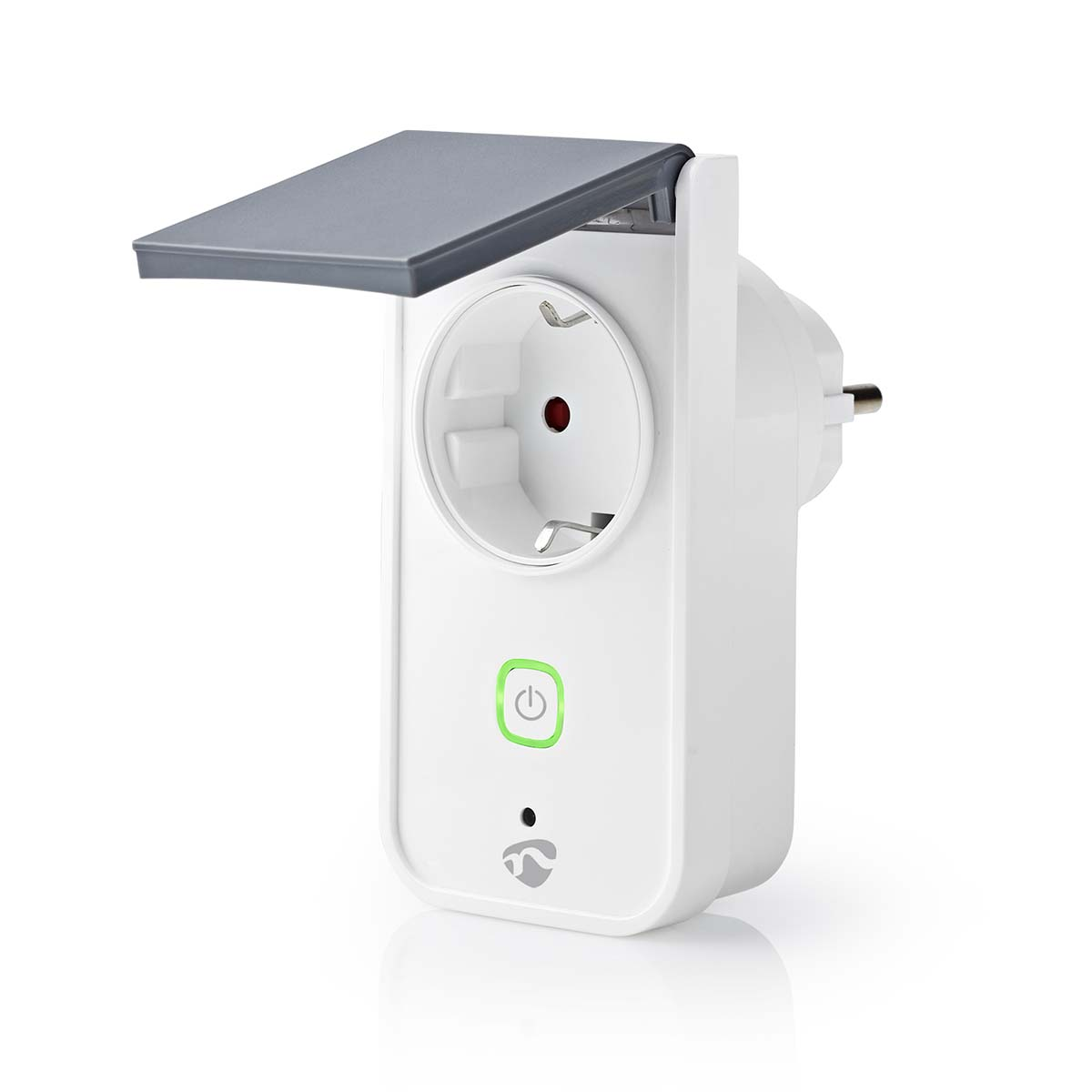 Weißer Smart Plug mit geöffneter grauer Abdeckung. Zeigt einen Ein-/Ausschalter und eine Steckdose.