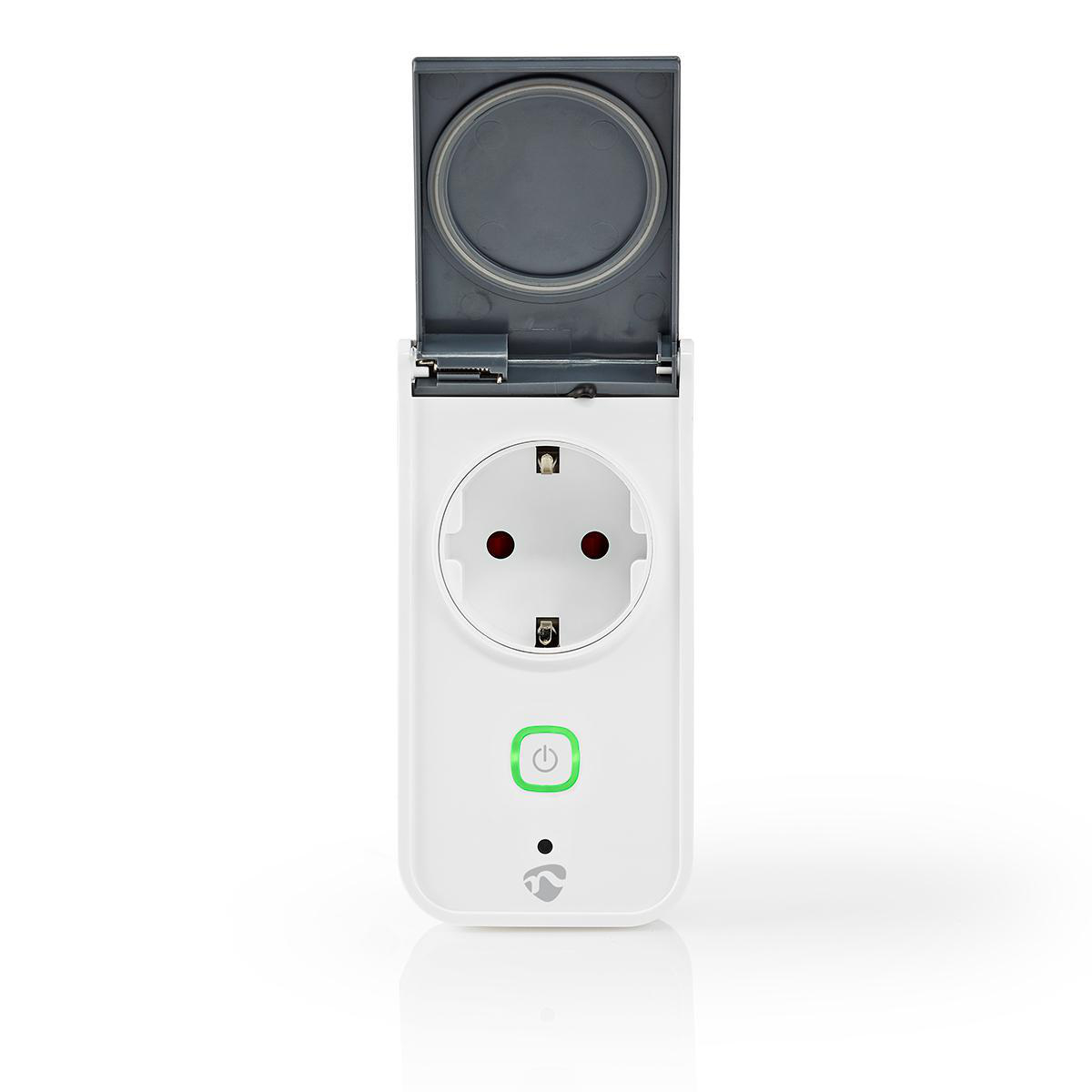 Ein weißer Smart Plug mit grünem Einschaltknopf und geöffneter Oberseite, Innenansicht.