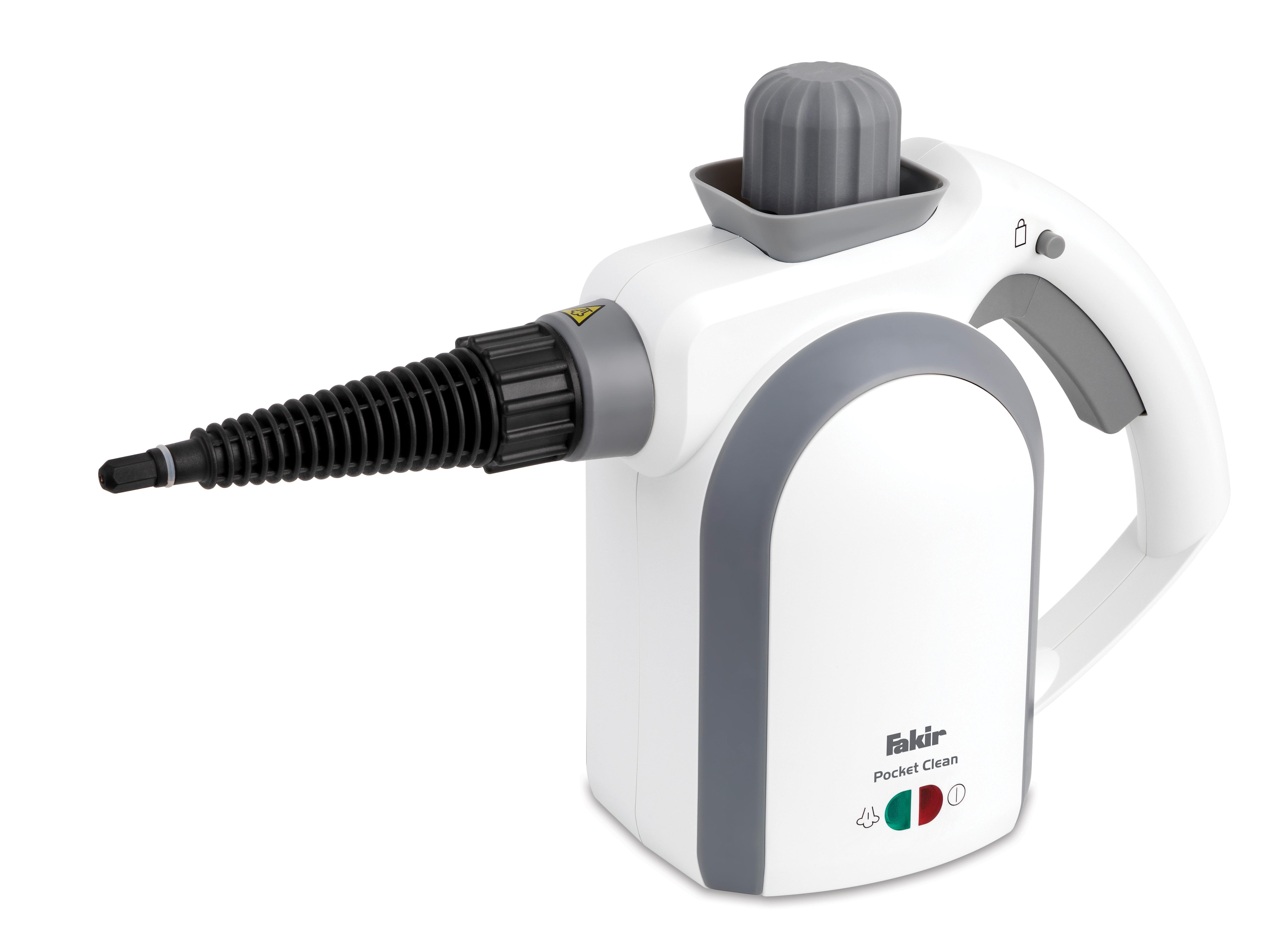 Ein weiß-grauer Fakir Pocket Clean Dampfreiniger, isoliert auf weißem Hintergrund.