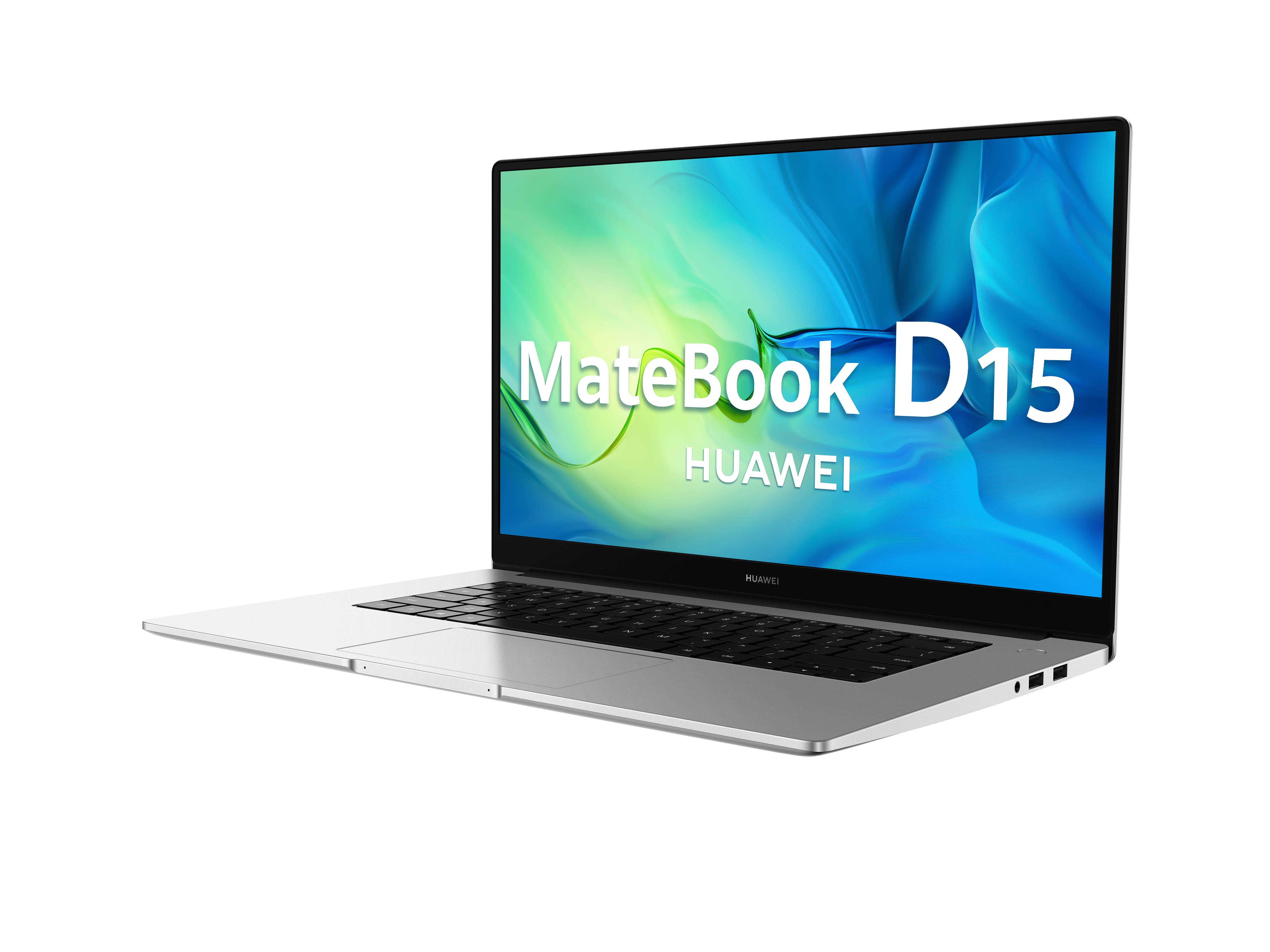 Una laptop plateada está abierta, mostrando MateBook D15 y Huawei. La pantalla es brillante, sobre un fondo negro.