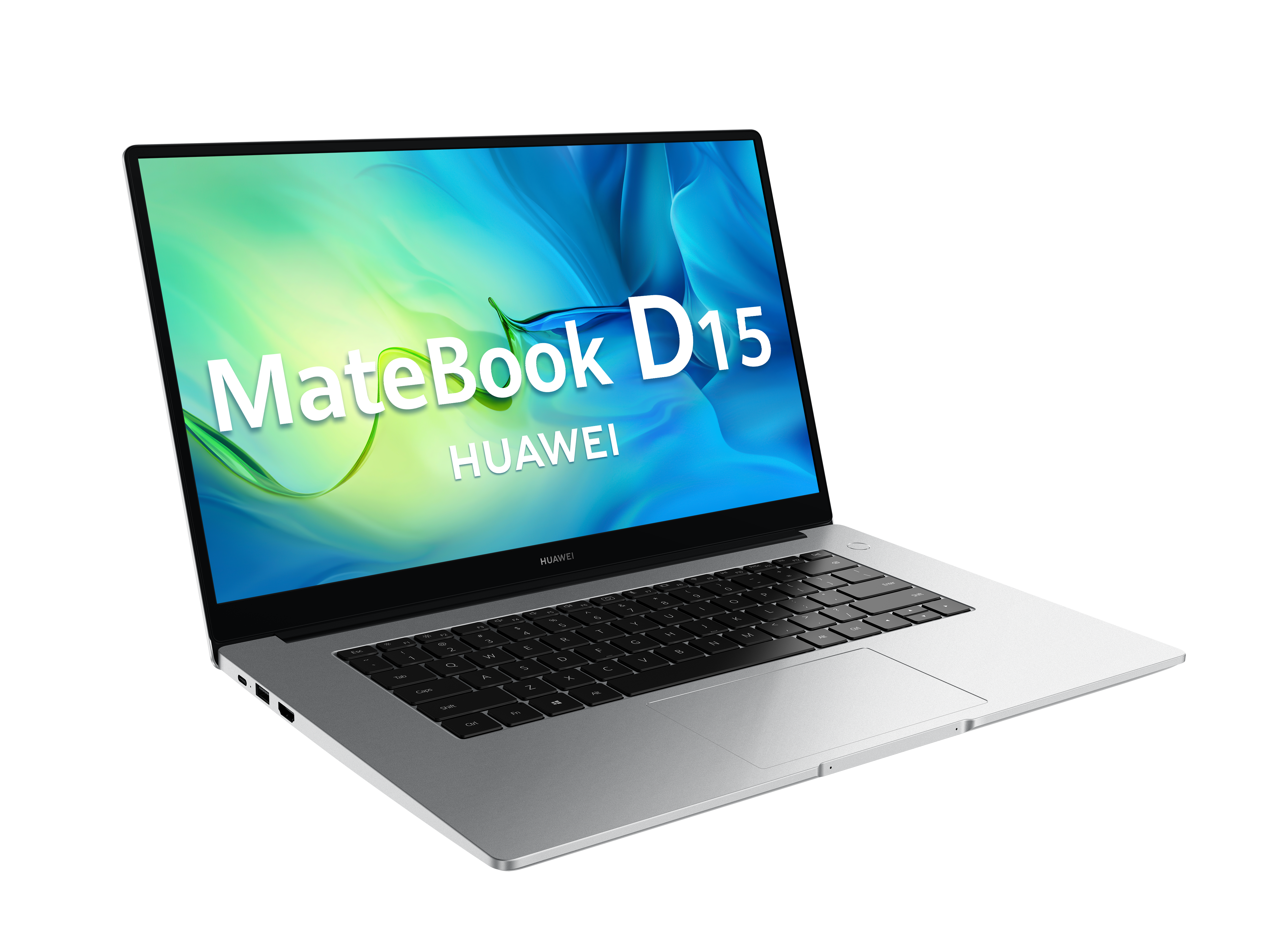 Portátil plateado muestra 'MateBook D15' y 'HUAWEI' en la pantalla.