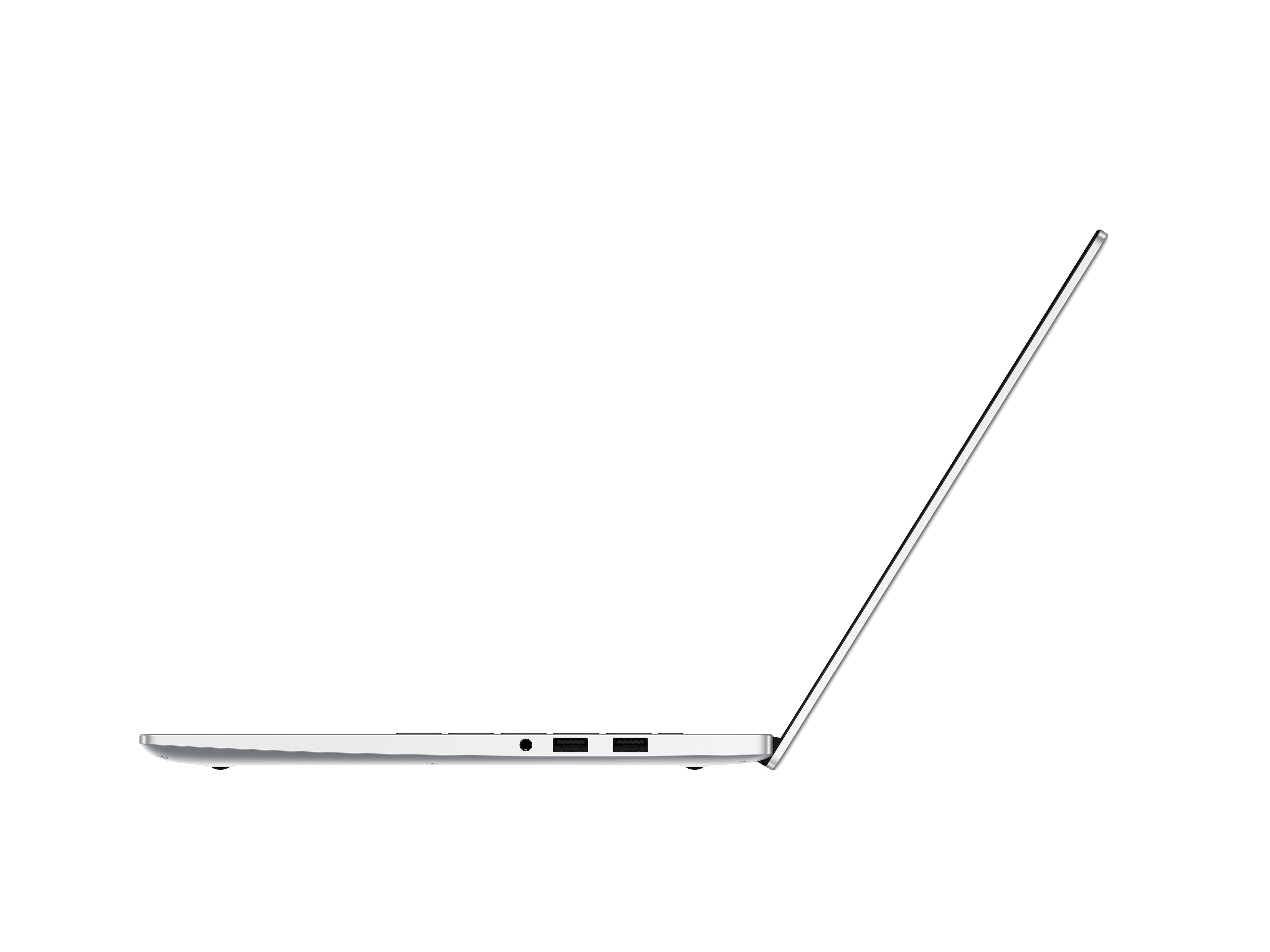 Una laptop plateada vista de lado está abierta, con la pantalla inclinada hacia arriba, contra un fondo negro.