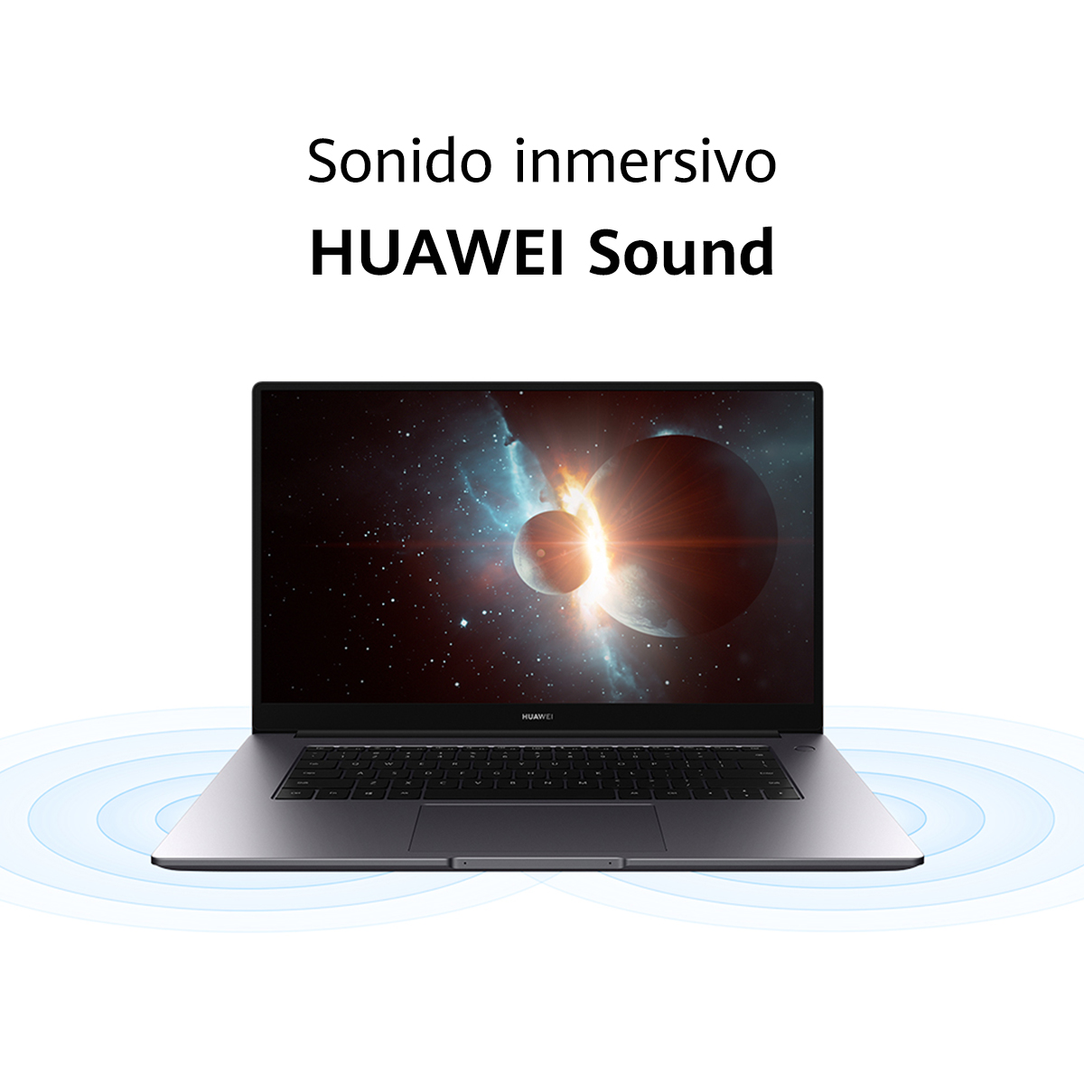 Laptop mostrando escena espacial con texto 'HUAWEI Sound' y ondas sonoras.