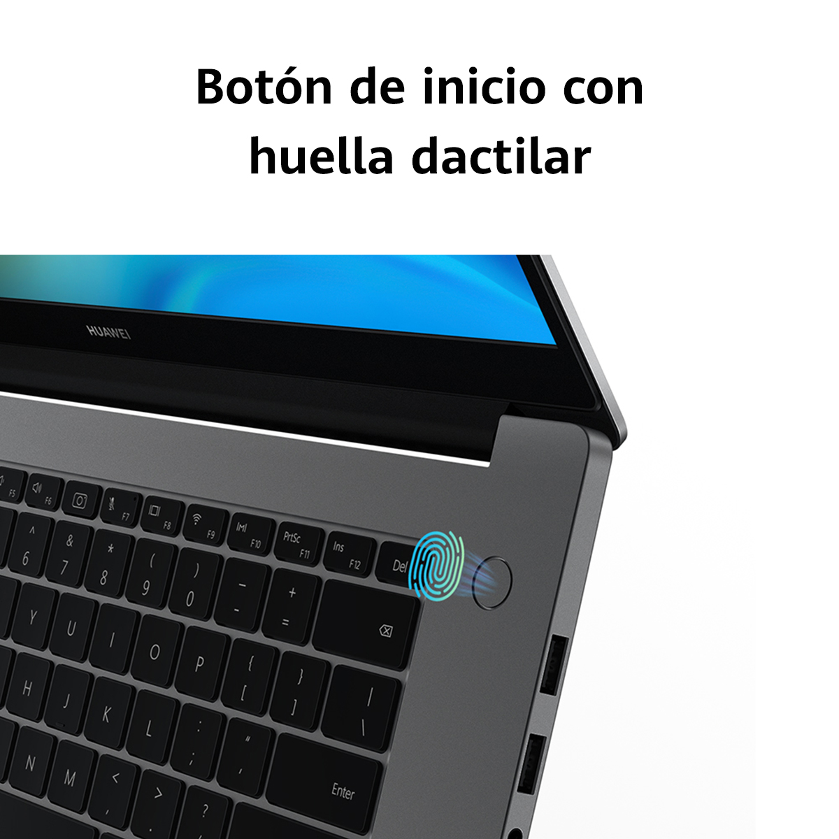 Teclado de portátil con botón de sensor de huellas dactilares resaltado, texto: "Botón de inicio...".