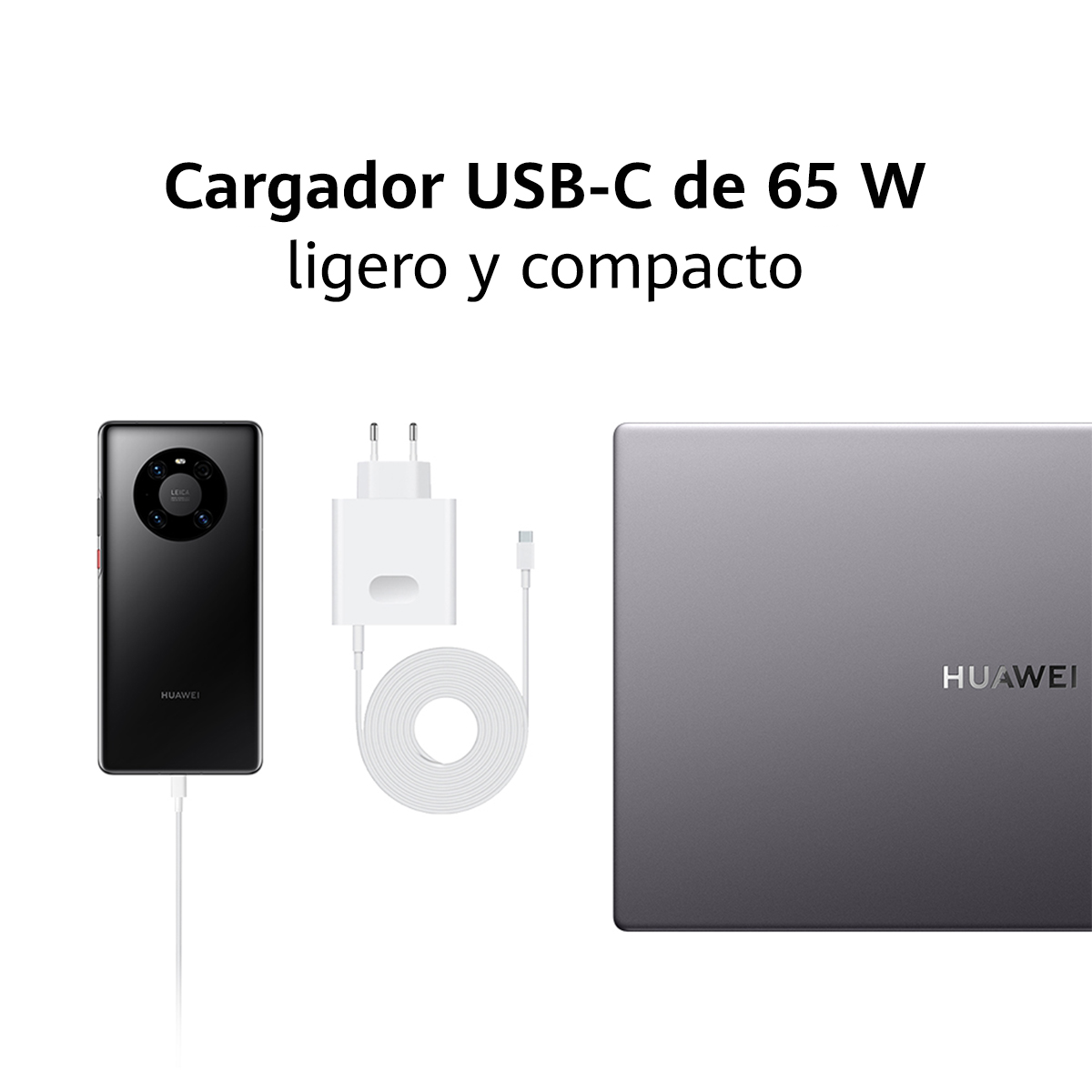 Teléfono, cargador y portátil. Cargador y portátil son grises, teléfono negro.