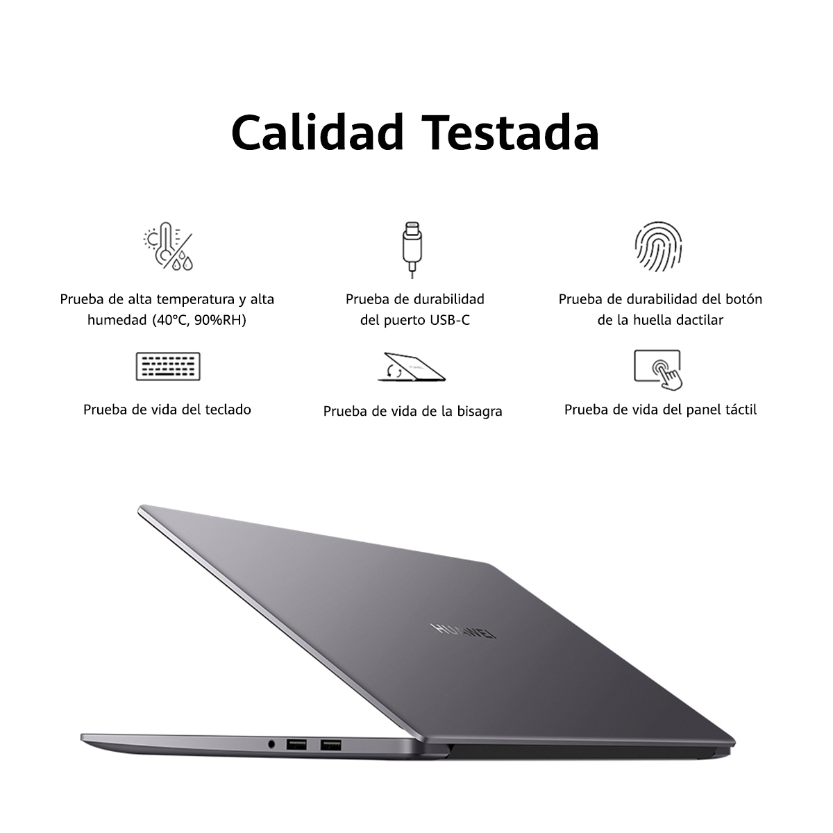 Ordenador portátil con pantalla abierta e iconos de pruebas. Texto: Calidad Probada.