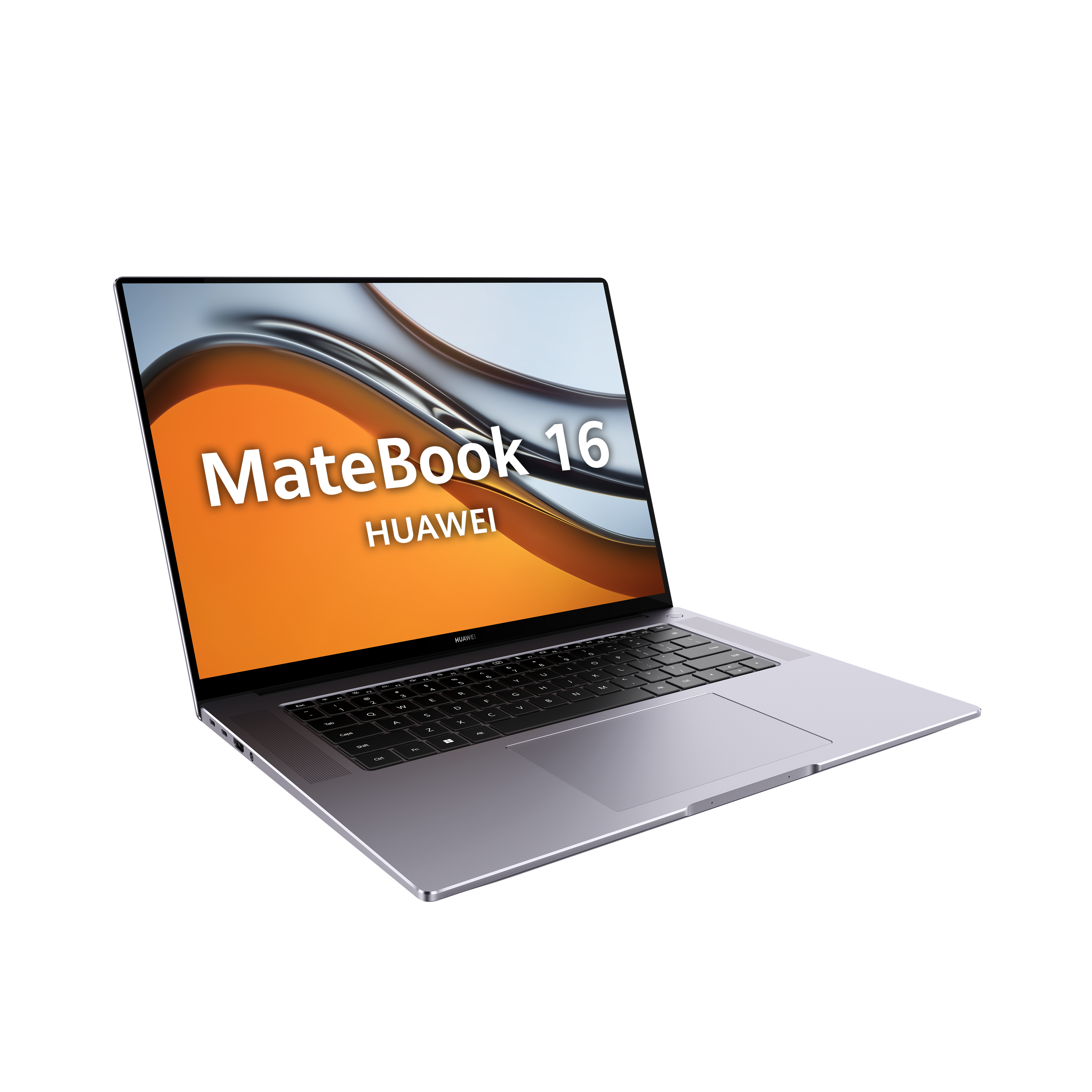 Un portátil con una pantalla naranja que muestra 'MateBook 16'.
