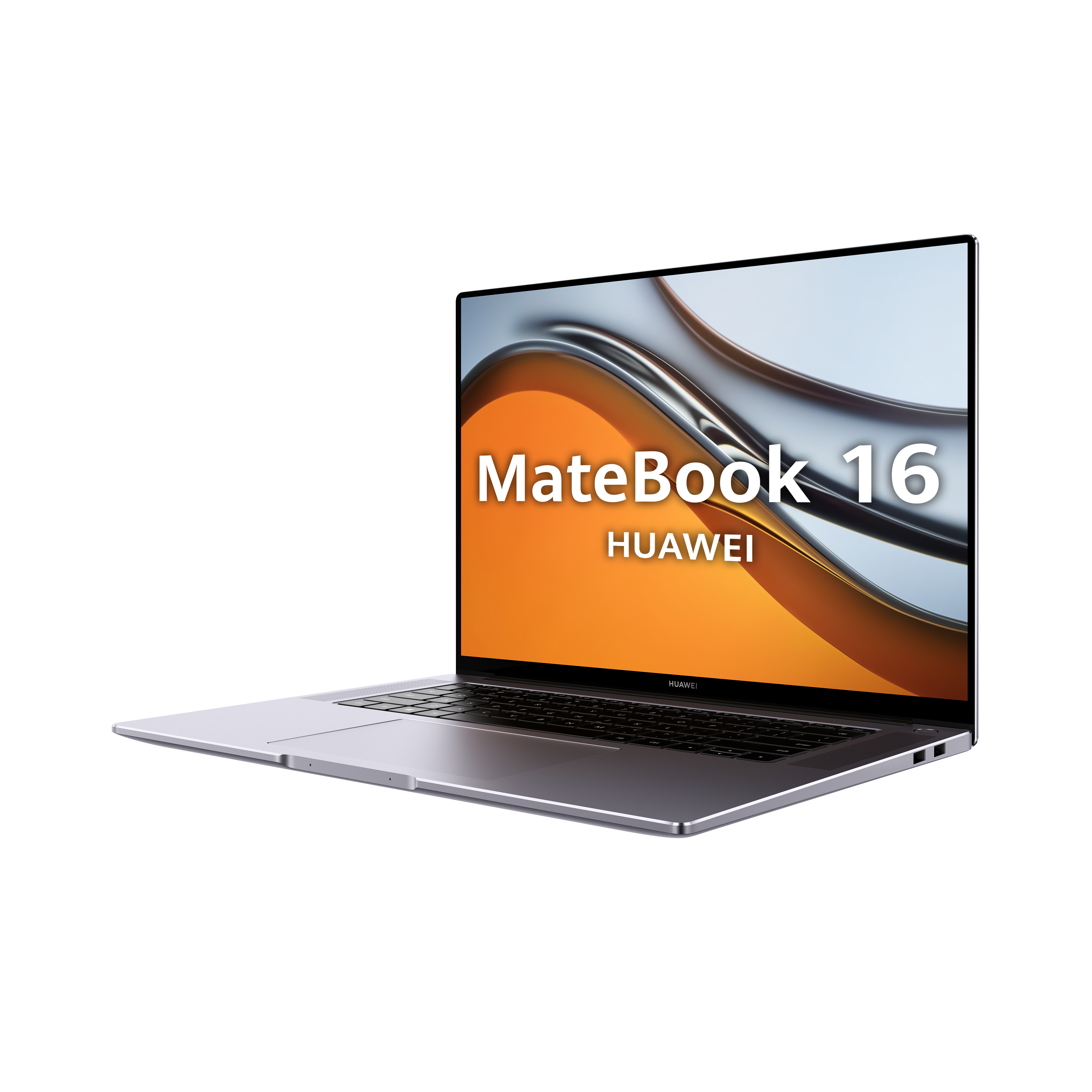 Portátil Huawei plateado sobre fondo negro, con MateBook 16 en la pantalla.