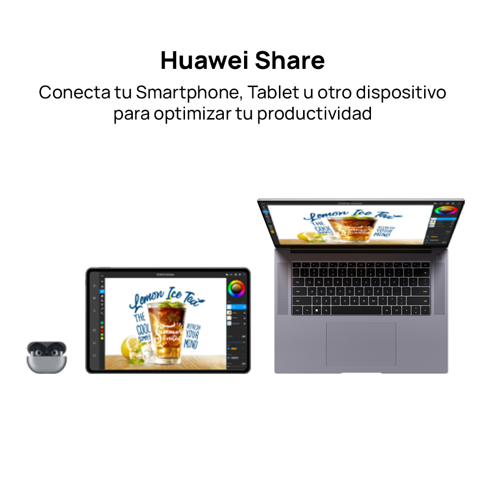 Se muestran una computadora portátil, una tableta y auriculares. La computadora portátil tiene una pantalla abierta.
