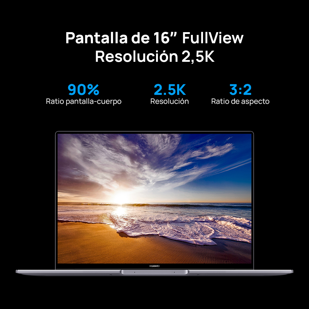 Pantalla de portátil que muestra una escena de playa con texto sobre la pantalla FullView y la resolución.