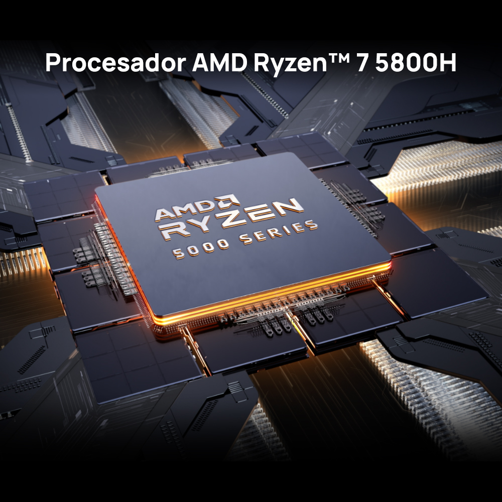 Primer plano de un procesador. El texto dice AMD RYZEN 5000 SERIES. Arriba está AMD Ryzen 7 5800H.