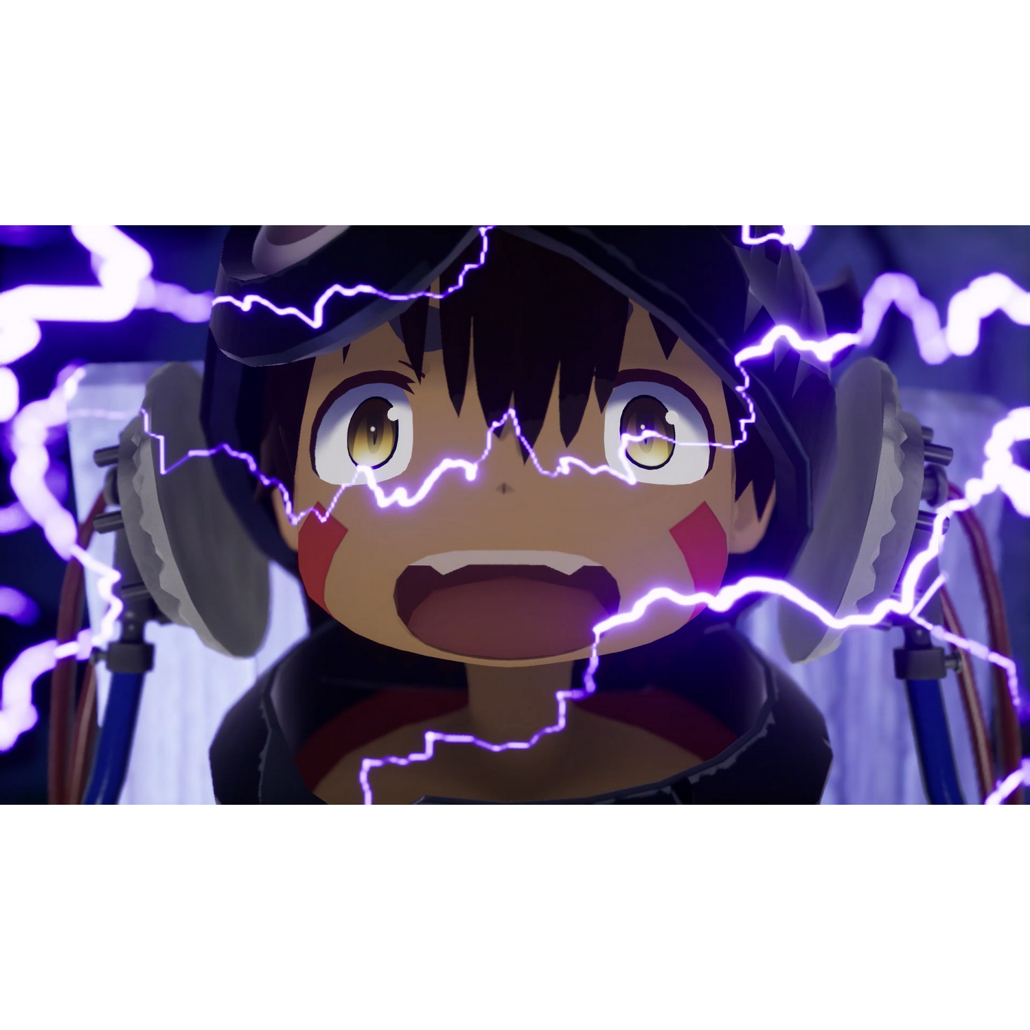 Personaje de anime con chispas eléctricas alrededor de la cara, sorprendido. Estilo de dibujos animados, colores vibrantes.
